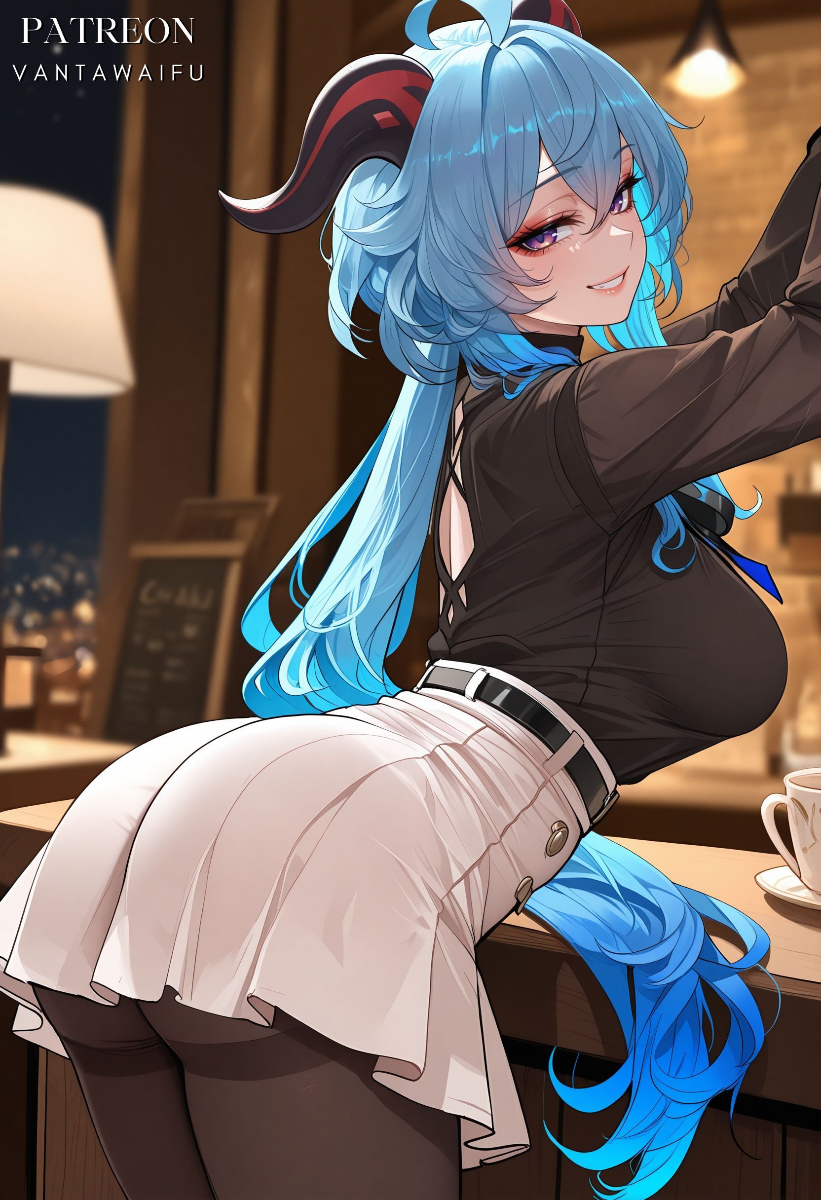ahoge, ai generated, arched back, arms up, artist name, ass, bell, belt, black belt, black pantyhose, black shirt, blue hair, blurry background, blush, breasts, brown pantyhose, clothing, clothing cutout, cup, fanbox username, female, from side, ganyu (genshin impact), genshin impact, goat horns, grin, hair between eyes, hanging light, high-waist skirt, horns, indoors, interracial, lamp, large breasts, leaning forward, long hair, long sleeves, looking at viewer, looking back, low ponytail, netorare, ntr, official alternate costume, pantyhose, parted lips, patreon username, purple eyes, saucer, shirt, shirt tucked in, skirt, smile, solo, table, thighband pantyhose, thighs, vantawaifu, very long hair, white skirt
