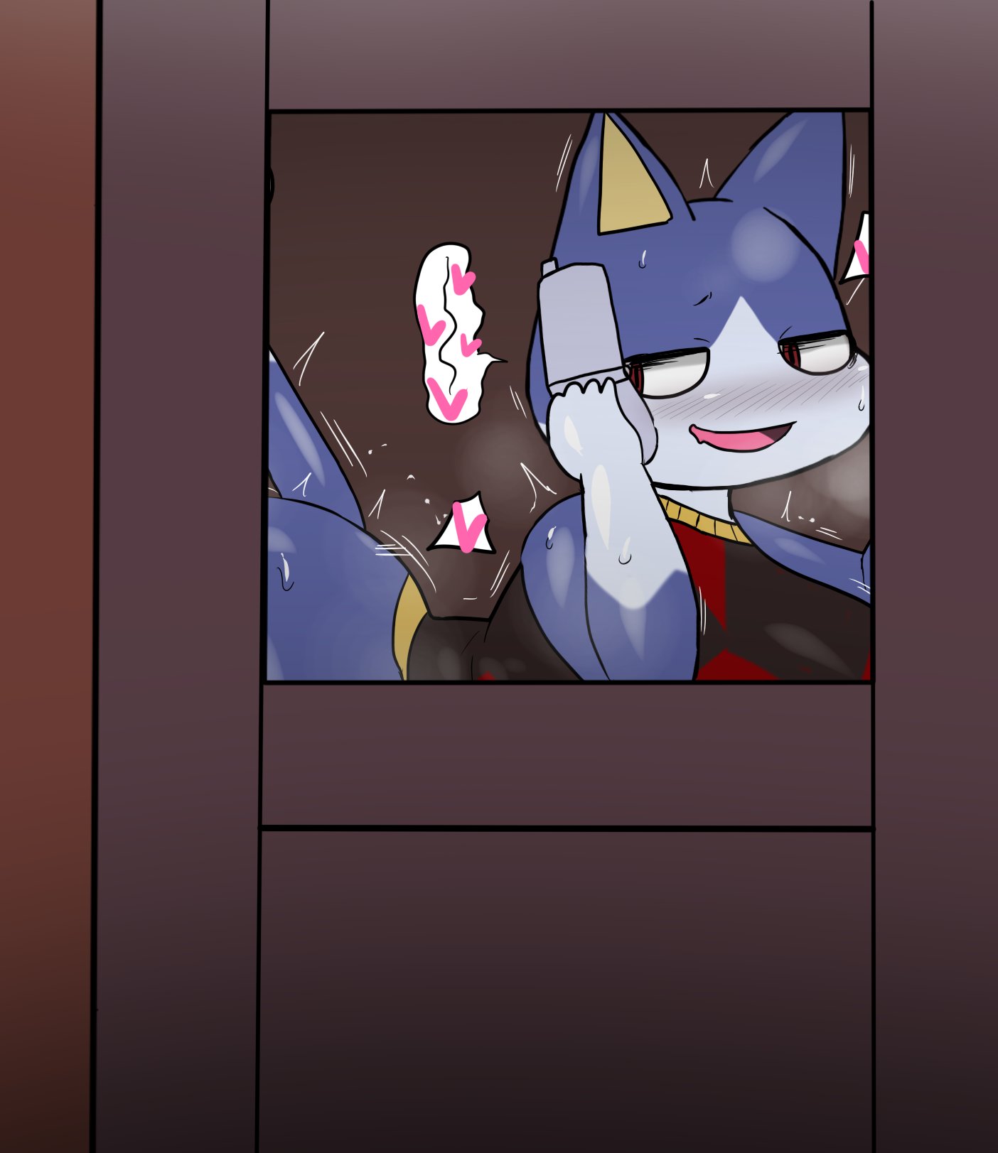 1boy, 1boy1girl, 1boy1girls, 1boys1girls, 1girls, 1males, 1man, 2d, 2d (artwork), animal crossing, blush, blushing female, cat ears, cat girl, enigi09, female, humanoid, looking back, male, nintendo, offscreen character, offscreen sex, phone, phone call, rover (animal crossing), rule 63, woman