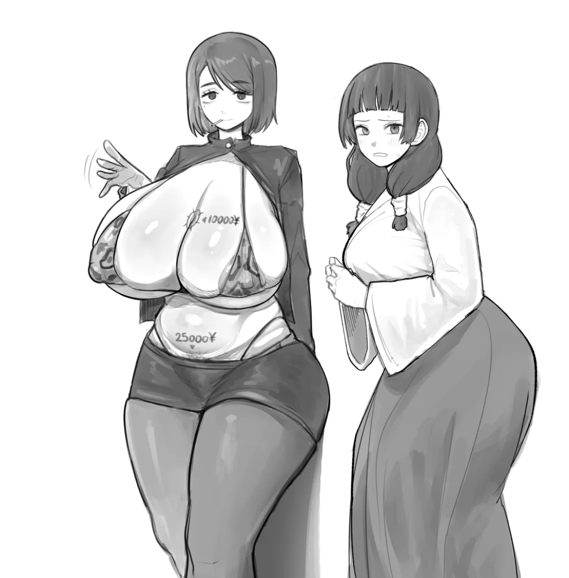 2girls, areolae, areolae peeking, ass, barely covered nipples, belly, bend, big breasts, breasts bigger than head, breasts bigger than torso, cigarette, cigarette in mouth, curvy, curvy female, curvy figure, female, female only, fully clothed female, half nude, hips wider than shoulders, jujutsu kaisen, looking at viewer, massive breasts, multiple girls, nipple bulge, nipples, payment, pubic hair peek, sexy, sexy body, sexy female, shoko ieiri, smoke, staring at viewer, taking clothes off, thick thighs, thighs, thighs bigger than head, thong straps, unbuttoned shirt, underboob, utahime iori, wide hips, wide thighs