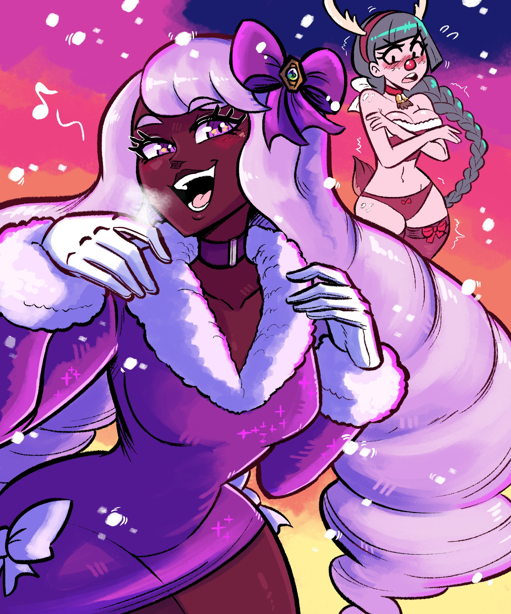 2girls, blush, braid, breasts, choker, embarrassed, flying sweatdrops, fur trim, hair ornament, harujio (pokemon), holidays, jacinthe (pokemon), lebanne (pokemon), long hair, multiple girls, musical note, pokemon, pokemon legends: z-a, purple skin, scruffyturtles, smiling, twin braids, very long hair, winter clothes, yukari (pokemon)