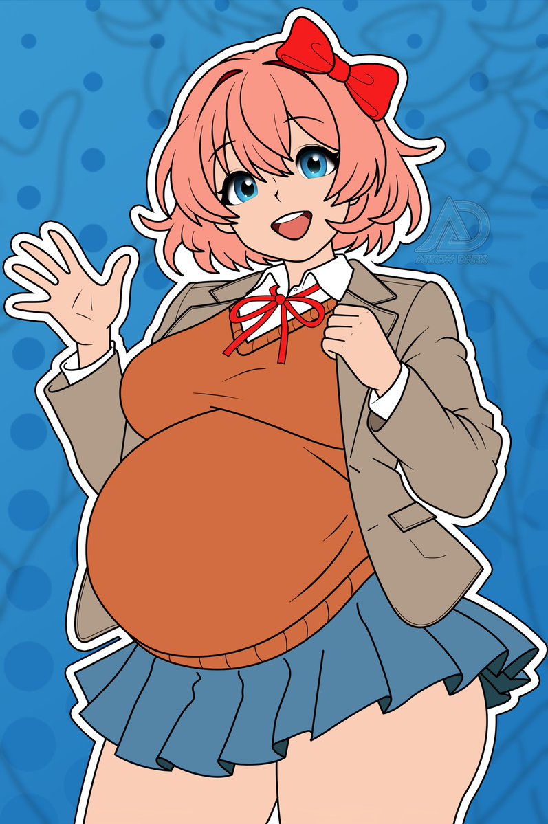 arrowdark, blue eyes, chubby, chubby female, doki doki literature club, enjoying pregnancy, female, looking at viewer, open mouth, pink hair, pregnant, pregnant belly, sayori (doki doki literature club)