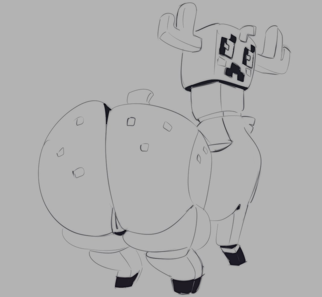 2d, 2d (artwork), 4 legs, antlers, ass, back, back view, creeper, creeper (minecraft), gnauseating, huge ass, minecraft, mojang, monochrome, rear view, solo, tail, thick, thick ass, thick thighs, twerk, twerking, unguligrade