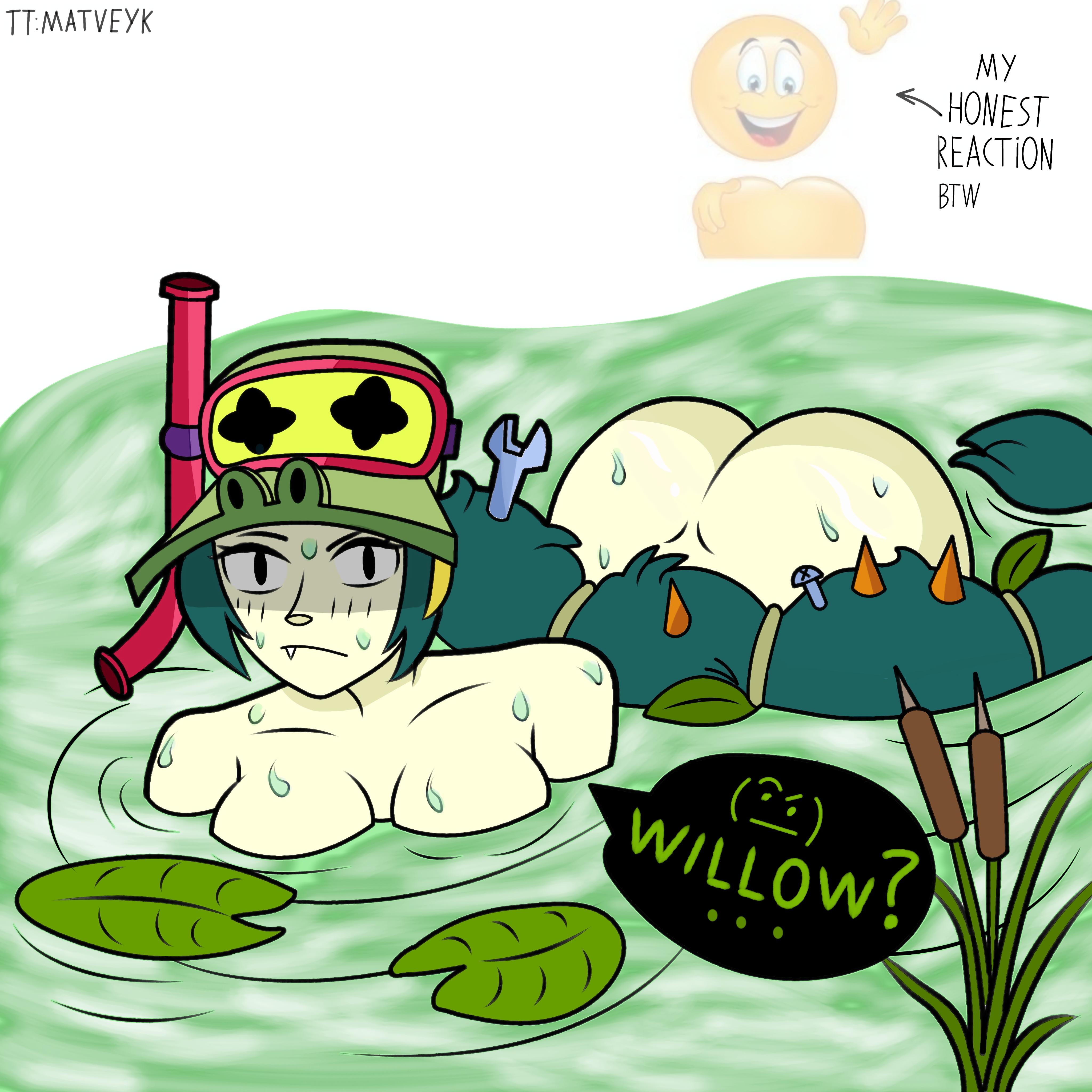 1girls, alli (brawl stars), ass, breasts, english text, hat, long hair, matveyk, snorkel, solo, speech bubble, swimming, tagme, teal hair, tools, water, wet, wrench