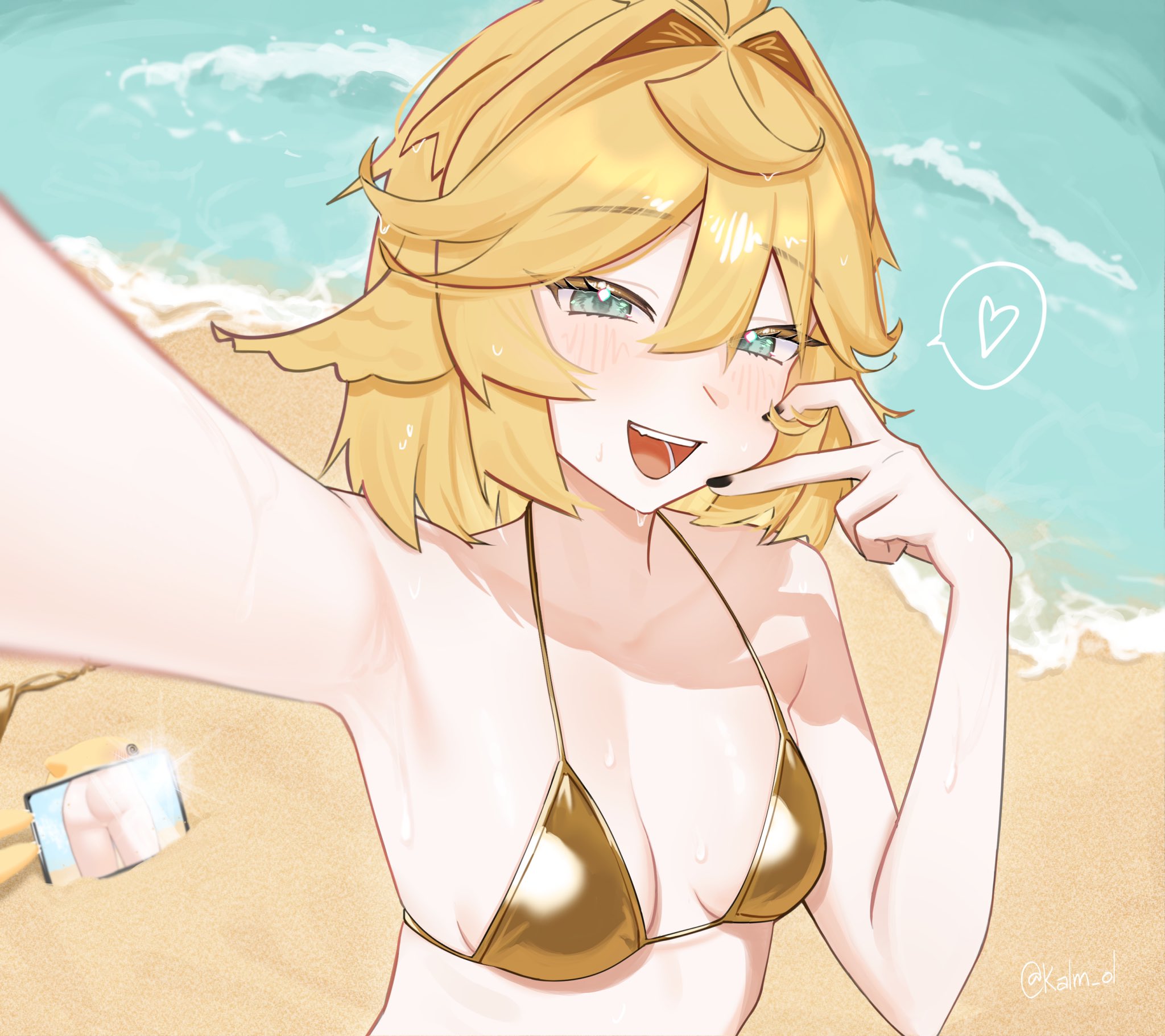 armpits, beach, bikini, blonde hair, bottomless, breasts, dokibird, exhibitionism, feather hair, female, gold bikini, heart, highres, indie virtual youtuber, kalm ol, no panties, open mouth, outdoors, public indecency, selfie, short hair, small breasts, smile, swimsuit, virtual youtuber, water