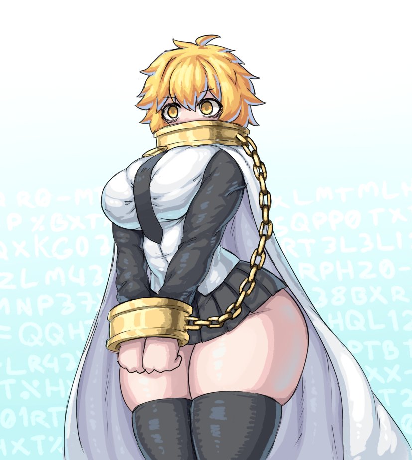 1girls, big breasts, bubble butt, covered mouth, don quixote (limbus company), female focus, female only, full body, huge ass, index don quixote, limbus company, messy hair, project moon, restrained, sheepapp, short hair, short skirt, simple background, thick thighs, thighhighs, thighs, wide hips
