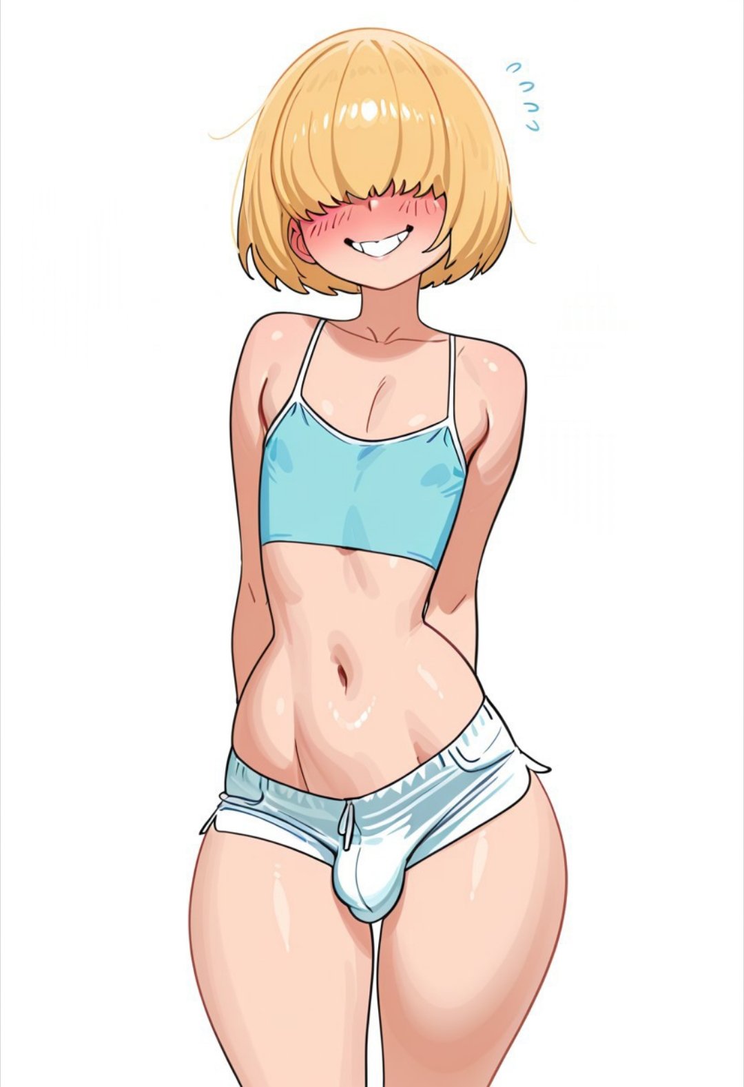 ai generated, blonde hair, curvy, dolphin shorts, femboy, flat chest, futacreamlover, grin, hair covering eyes, narrow waist, otoko no ko, slim, trap