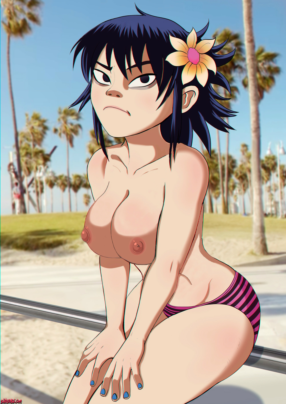 breasts, casual, female, gorillaz, large breasts, noodle (gorillaz), noodle (humility), outdoors, panties, pose, public, shadman, shimapan, short hair, tagme, topless