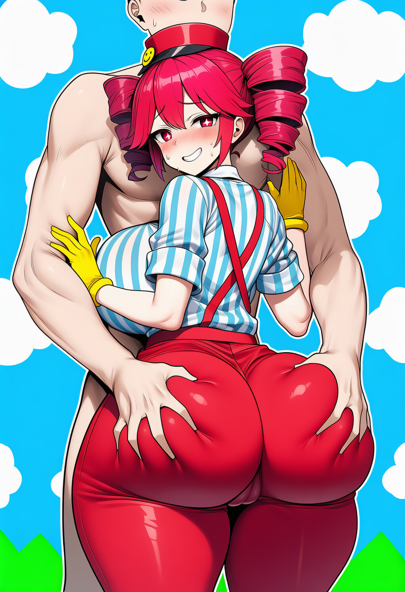 1boy, 1girls, ai generated, ass, ass focus, ass grab, back, back view, backboob, big ass, big breasts, big thighs, blouse, blush, blush lines, bottom heavy, breasts, bubble butt, cameltoe, clothed, clothed female, clothed female nude male, clothing, curvaceous, curvy, curvy female, curvy figure, enormous ass, eyelashes, fat ass, fat breasts, fat thighs, female, fully clothed, gigantic ass, gigantic breasts, gigantic thighs, gloves, gluteal fold, grabbing ass, groping, groping ass, hands on another's chest, hands on partner, hat, height difference, high waisted pants, high-waist pants, hips wider than shoulders, hourglass figure, huge ass, huge breasts, huge thighs, kasane teto, kasane teto (sv), large ass, large breasts, large thighs, looking at viewer, looking back, male, massive ass, massive breasts, massive hips, massive thighs, mesmerizer (vocaloid), mesmerizer teto, mv character, nervous, nervous smile, pants, plump, plump ass, plump breasts, plump labia, plump pussy, plump thighs, pussy, pussy lips, red eyes, red hair, round ass, shiny clothes, shirt, shorter female, sideboob, sinking grip, skin tight, skin tight pants, slim waist, smaller female, smile, sparkling eyes, straight, striped shirt, suspenders, sweat, sweating, synthesizer v, taller male, thick ass, thick thighs, thighs, tight clothing, tight pants, twin drills, utau, vagina, venus body, voluptuous, voluptuous female, wide hips
