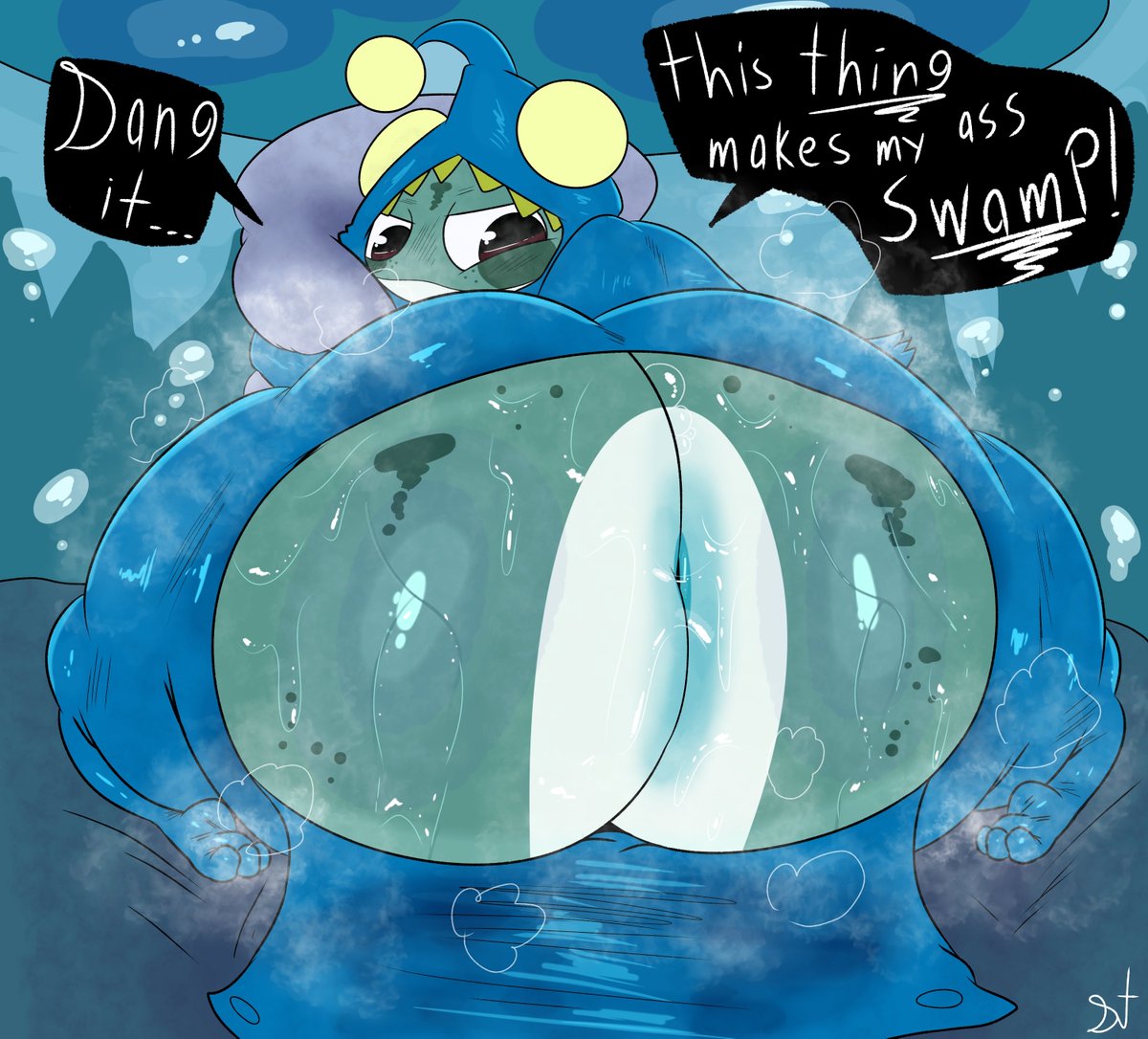 1boy, angry face, anus peek, ass, big ass, blue pajamas, butt flap, dialogue, femboy, girly, huge ass, jerry (plushtrapboyuwu), musk, plushtrapboyuwu, steam, steamy ass, swamp ass, sweat, sweating, sweating profusely, sweaty ass
