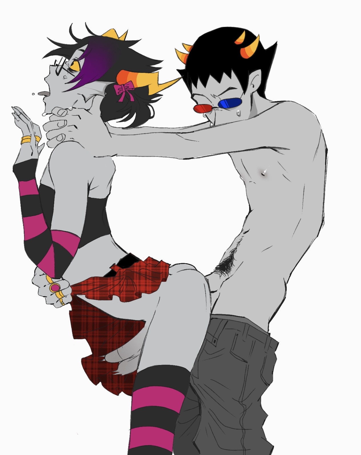 2boys, black hair, choking, crossdressing, dork nokia, eridan ampora, from behind, gay, glasses, grey skin, hands on neck, happy trail, homestuck, horns, march eridan, partially clothed, skirt, slim waist, sollux captor, sweatdrop, thighhighs, tongue out, white background