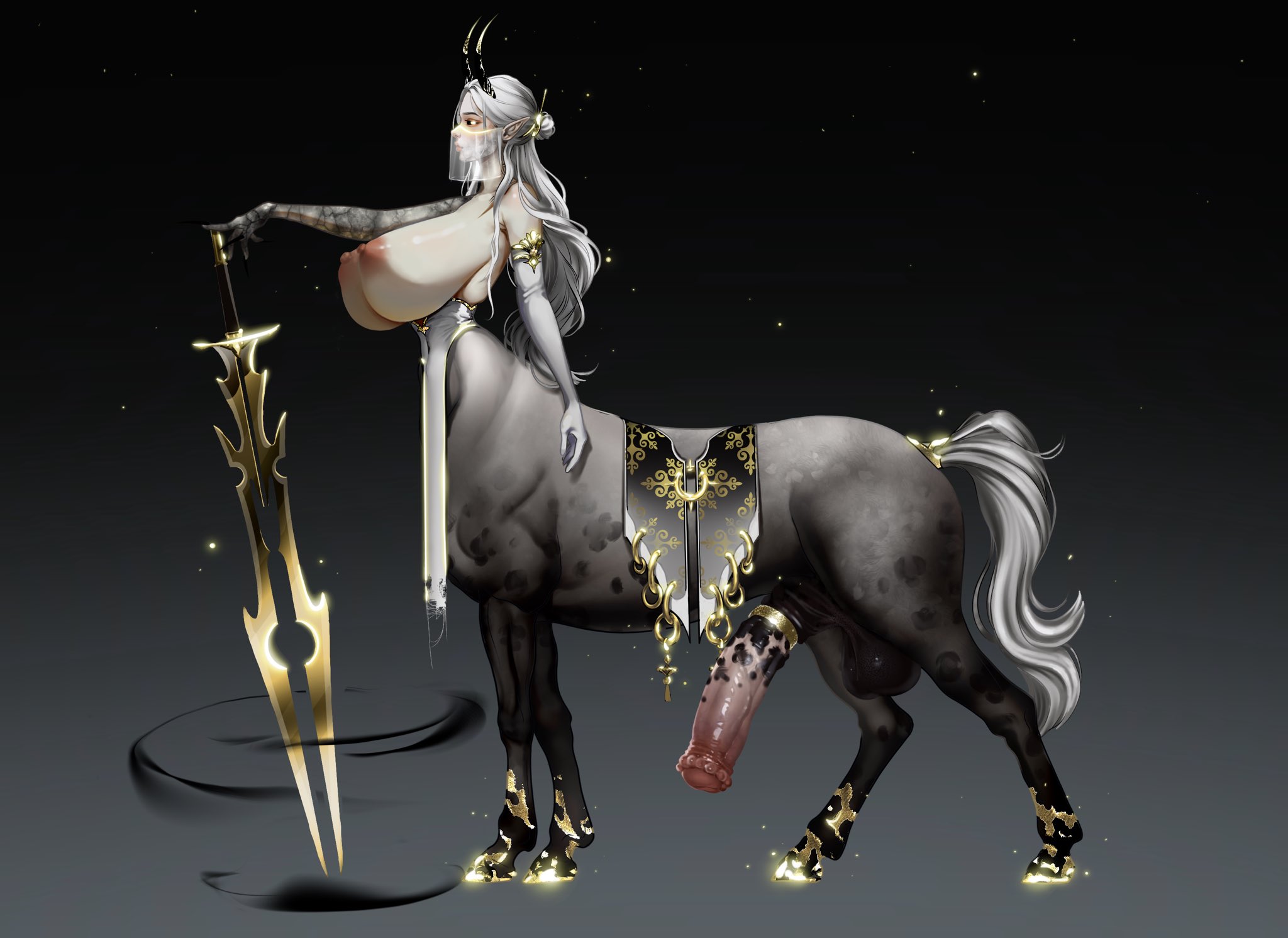 1futa, big breasts, breasts, centaur, equine penis, futanari, horns, horsecock, huge breasts, huge cock, kargyroi, monster girl, nipples, penis, solo, sword, veil, white hair, yellow eyes