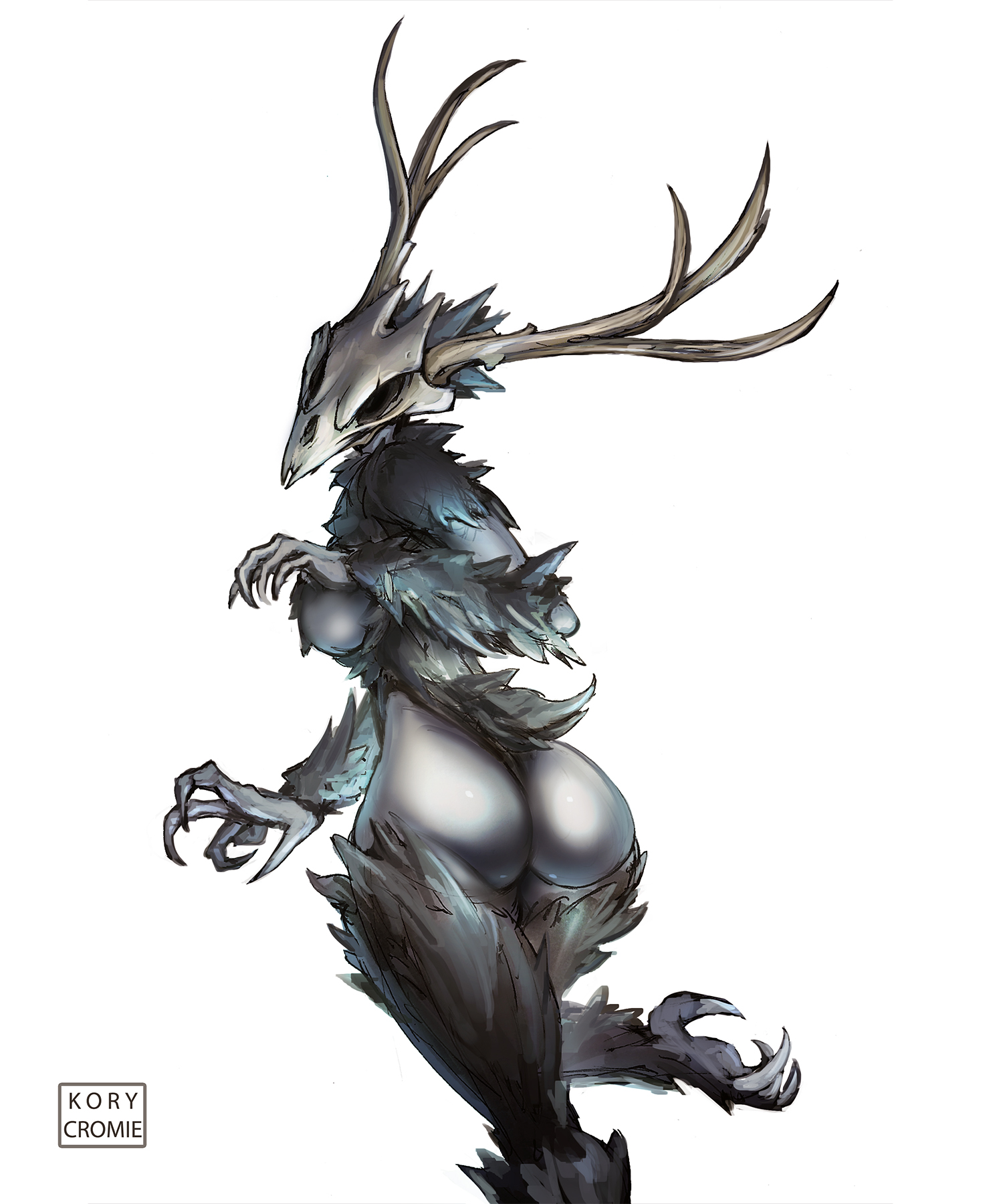 1girls, antlers, ass, ass focus, bone, breasts, claws, female, female focus, female only, fur, grey body, horns, kory cromie, looking back, looking back at viewer, mammal, original, sideboob, skull, skull mask, two-tone fur, white background