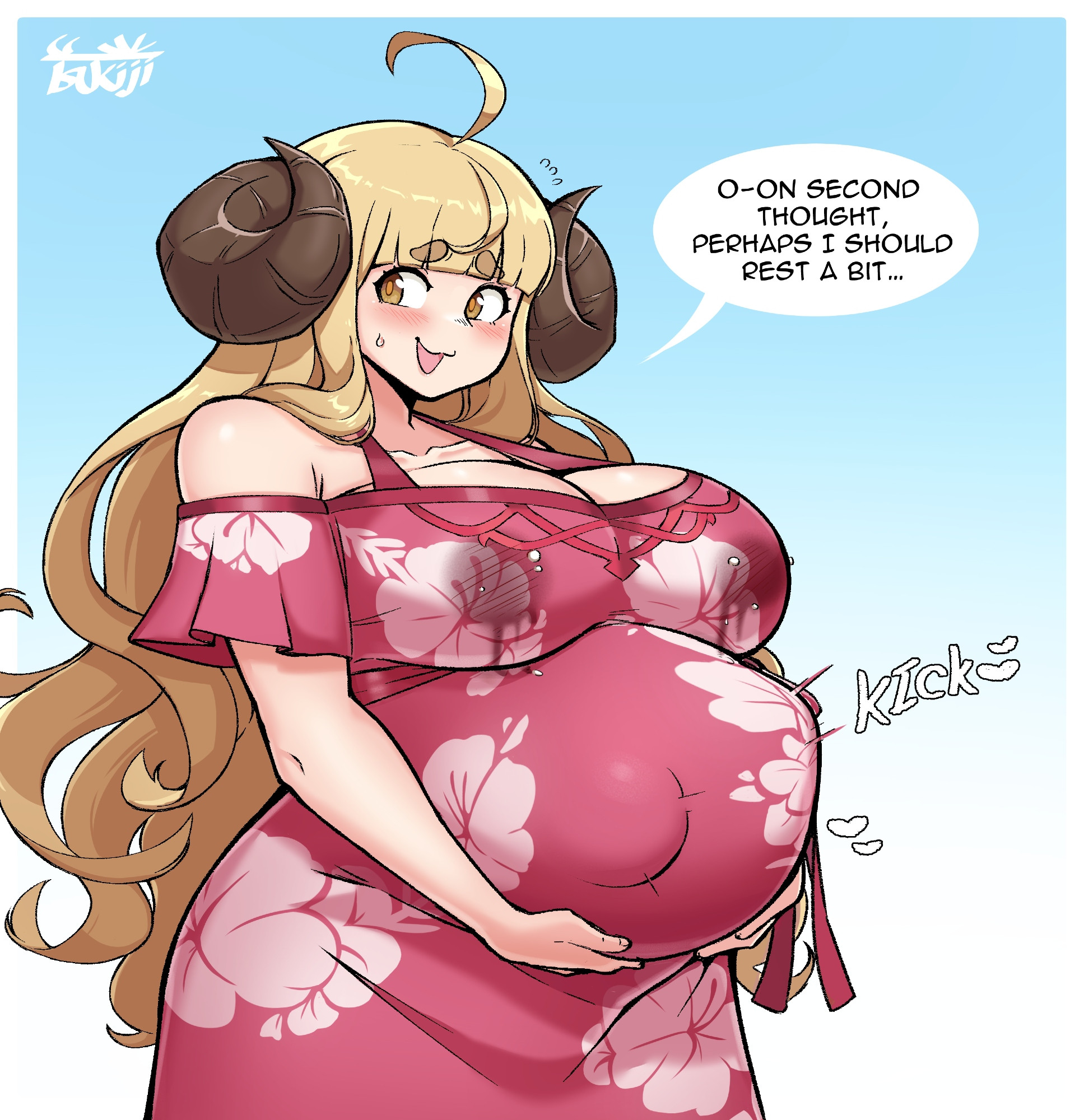 ahoge, anila (granblue fantasy), big breasts, blonde hair, blunt bangs, blush, cleavage, embarrassed, english text, female, female only, fetal movement, fully clothed, granblue fantasy, holding belly, horns, huge breasts, lactation, lactation through clothes, lactation without expressing, long hair, looking away, maternity clothes, maternity dress, pregnant, ram horns, sheep girl, sheep horns, solo, sweatdrop, tsukiji, very long hair, wavy hair, yellow eyes