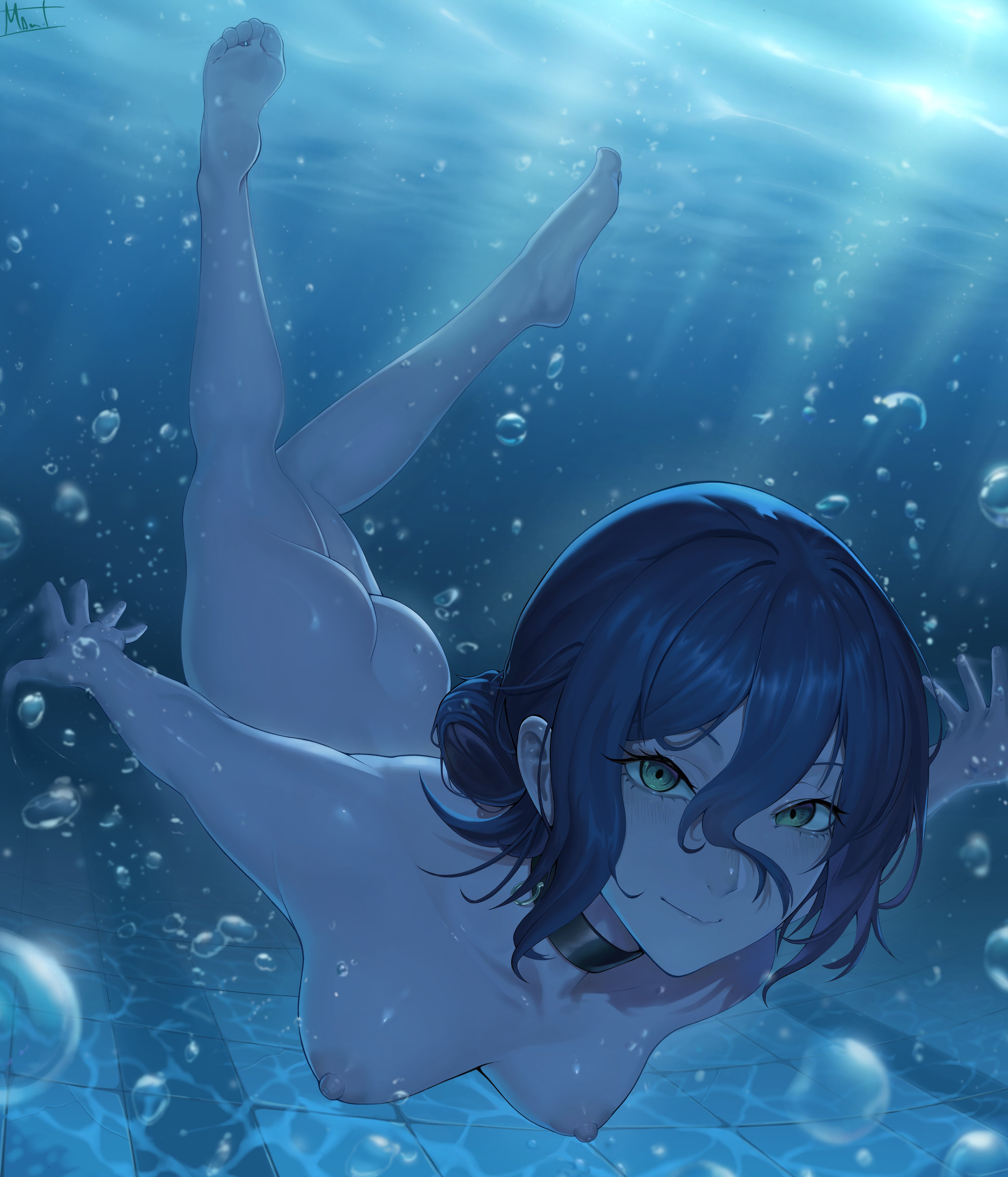 absurdres, air bubble, arms at sides, ass, barefoot, black choker, black hair, breasts, bubble, chainsaw man, choker, closed mouth, collarbone, commentary, completely nude, english commentary, feet, female, female only, full body, green eyes, hair bun, highres, looking at viewer, magdaleno0, magdalenus27, medium breasts, nipples, nude, reze (chainsaw man), short hair, signature, soles, solo, submerged, swimming, tile floor, tiles, toes, underwater, underwater peril