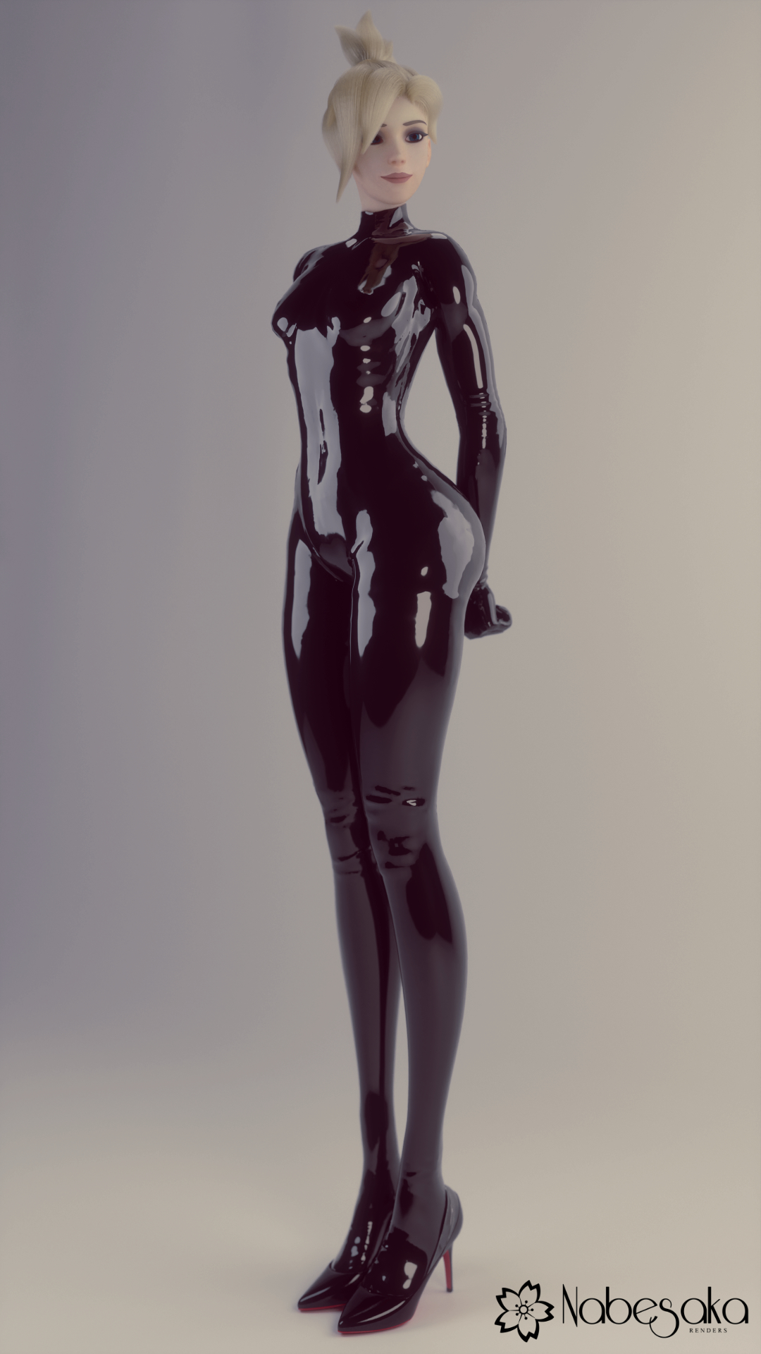 1girls, 3d, ass, blonde hair, bodysuit, female, heels, jpeg, latex, latex suit, lipstick, mercy, nabesakarenders, overwatch, pose, posing, pump, tagme
