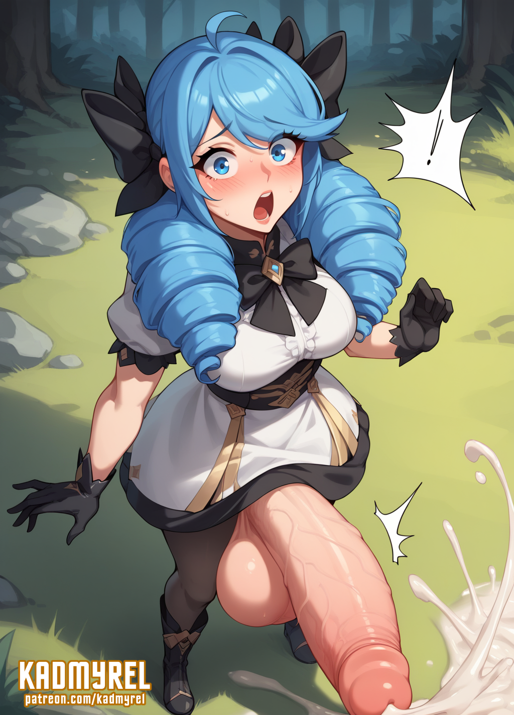 1futa, ahoge, ai generated, balls, big balls, big penis, big testicles, blue eyes, blue hair, blush, cum, cum drip, cum dripping, cum dripping from penis, cum on penis, dress, dress lift, drill hair, dripping, dripping cum, from above, futa only, futanari, gloves, gwen (league of legends), hands-free, handsfree ejaculation, huge balls, huge cock, huge cumshot, huge testicles, kadmyrel, league of legends, looking at viewer, medium breasts, penis, penis under clothes, penis under skirt, presenting, presenting penis, shocked, shocked expression, shocked eyes, skirt, skirt lift, skirt lifted, solo, solo focus, surprised, surprised expression, thighhighs, thighs