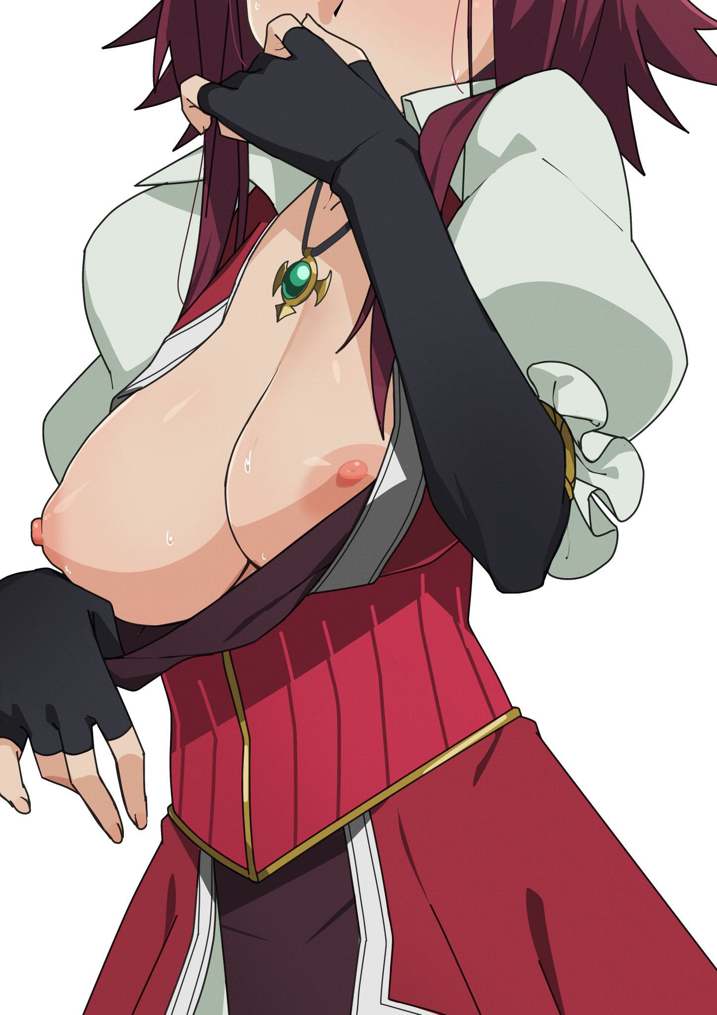 akiza izinski, black gloves, breasts, commentary request, dress, elbow gloves, eyes out of frame, facing viewer, female, fingerless gloves, gloves, head out of frame, highres, izayoi aki, jewelry, large breasts, long hair, morisobo, necklace, nipples, puffy short sleeves, puffy sleeves, red dress, red hair, short hair with long locks, short sleeves, simple background, solo, spiked hair, standing, white background, yu-gi-oh!, yu-gi-oh! 5d's