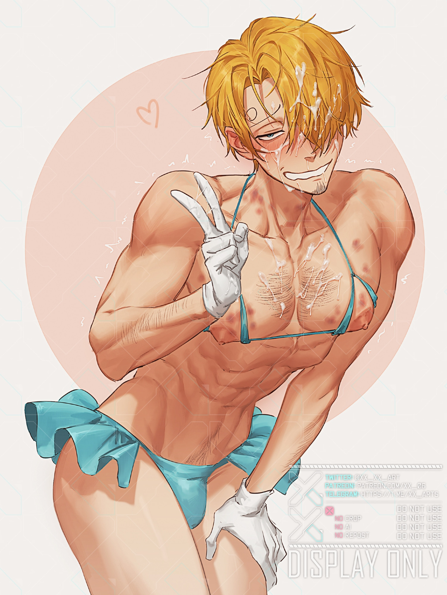 bikini, blonde hair, blush, bulge, chest hair, crossdressing, cum, cum on body, cum on chest, cum on face, cum on hair, cupless bikini, femboy, grin, hair over one eye, half-closed eyes, happy trail, hickey, hickey marks, male, male only, masculine crossdresser, micro bikini, muscular, muscular male, one piece, pubic hair, smile, solo, twunk, v sign, vinsmoke sanji, xxart
