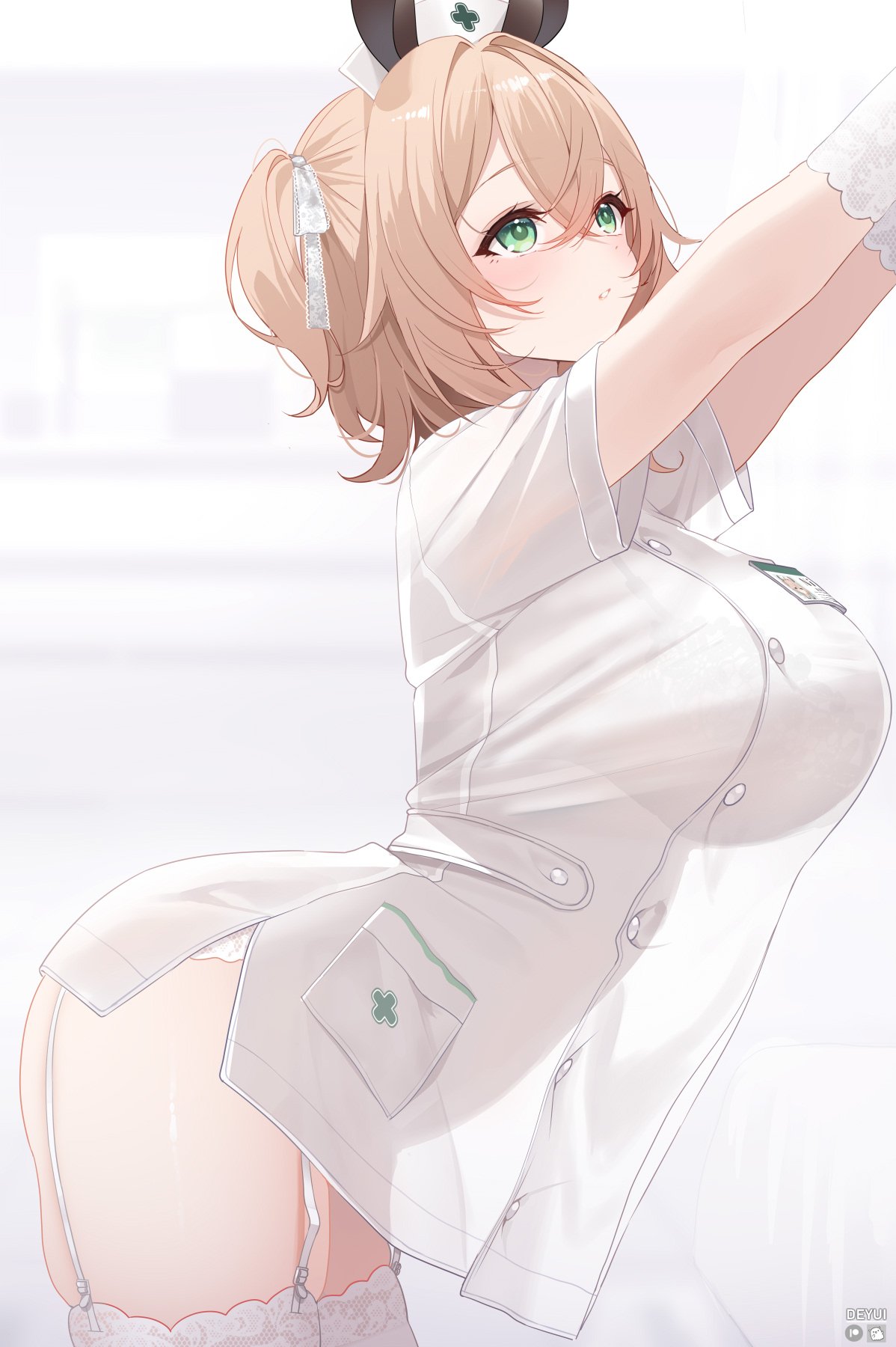 1girls, arched back, big breasts, blonde hair, blurry, blurry background, breasts, crossed bangs, deyui, double-parted bangs, dress, from side, garter belt, gloves, green eyes, hair between eyes, hair ribbon, hat, highres, indie virtual youtuber, indoors, lace, lace gloves, lace trim, lace-trimmed thighhighs, large breasts, nimi nightmare, nurse cap, nurse dress, one side up, outstretched arms, parted lips, ribbon, see-through silhouette, short dress, short hair, short sleeves, solo, tapir girl, thick thighs, thighhighs, thighs, virtual youtuber, vtuber, white dress, white garter belt, white gloves, white hat, white ribbon, white thighhighs