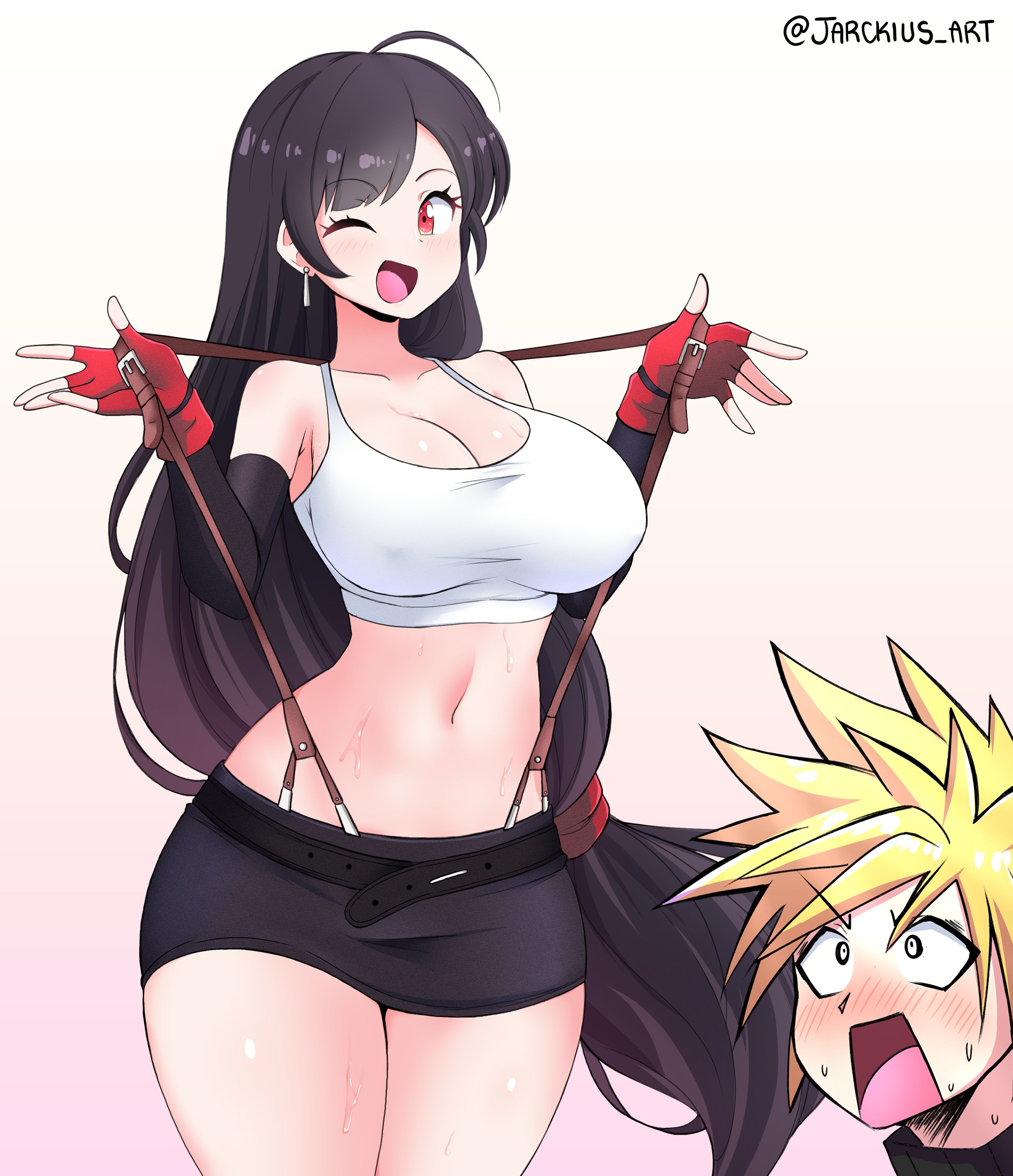 1boy, 1girls, absurdres, ahoge, bare shoulders, big breasts, black hair, black skirt, black sleeves, blonde hair, blush, breasts, cleavage, cloud strife, collarbone, covered nipples, cowboy shot, crop top, detached sleeves, earrings, english commentary, female, female focus, final fantasy, final fantasy vii, fingerless gloves, gloves, gradient background, highres, jarckius, jewelry, large breasts, long hair, looking at another, looking at viewer, low-tied long hair, midriff, miniskirt, navel, one eye closed, open mouth, pencil skirt, red eyes, red gloves, skirt, smile, spiked hair, square enix, suspender skirt, suspenders, suspenders pull, sweat, tank top, thighs, tifa lockhart, tifa lockhart (1997), twitter username, very long hair, white tank top, wide hips, wink, winking, winking at viewer