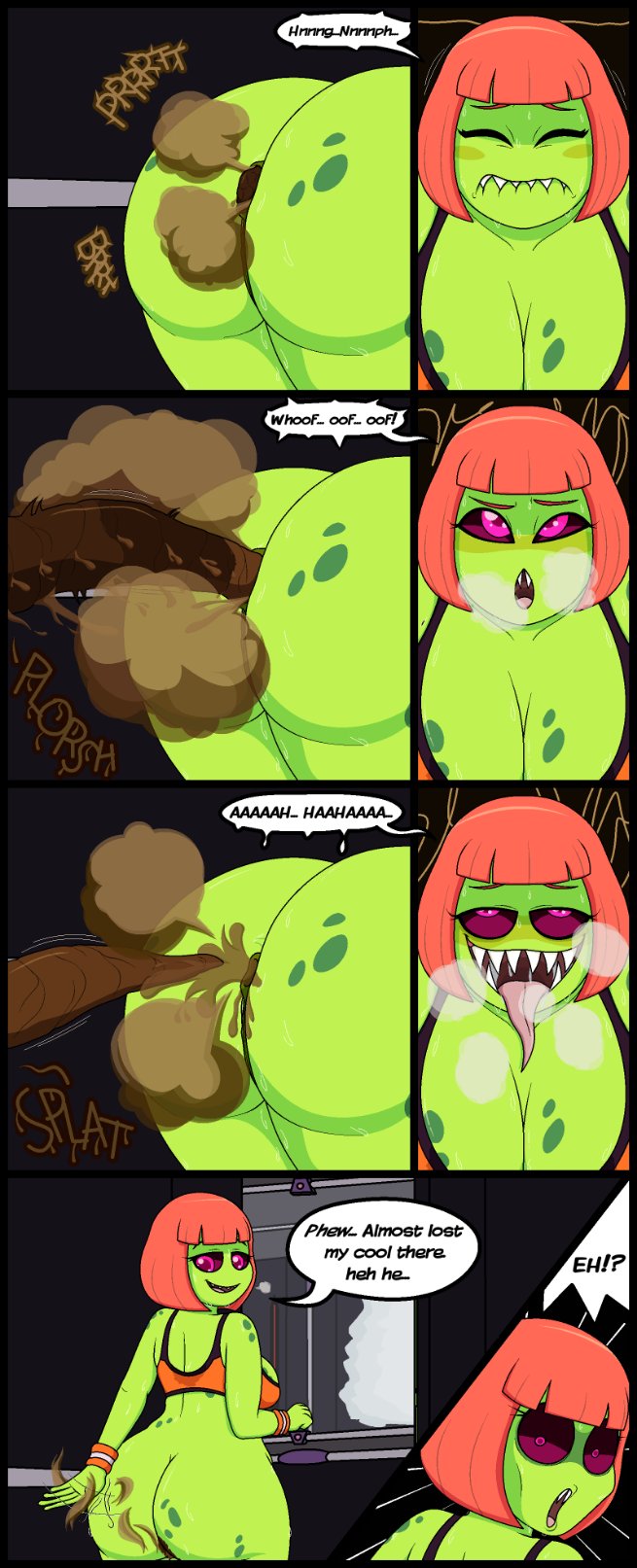 alie (androjuniarto), alien, alien girl, bathroom, desperation, dirty anus, fart, fart cloud, long tongue, panting, public bathroom, scat, scat desperation, sharp teeth, toilet stall, toilet use, tongue out, unaware