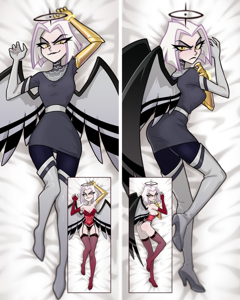 1girls, 2d, angel, angel wings, centinel303, female, female focus, female only, halo, hazbin hotel, looking at viewer, lute (hazbin hotel), lying on bed, seductive pose, short hair, solo, solo female, ta-na, vivienne medrano, white hair, yellow eyes