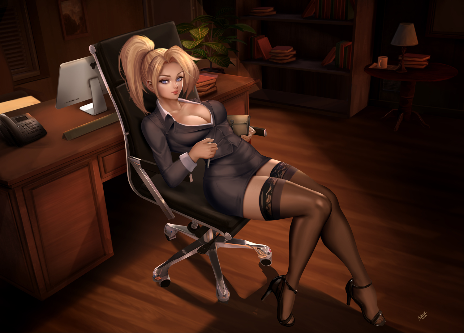 1girls, big breasts, black jacket, black skirt, black stockings, blonde, blonde hair, blue eyes, breasts, business suit, business woman, cleavage, desk, felox08, female, female only, high heels, large breasts, long hair, looking at viewer, mercy, miniskirt, monitor, office, office chair, office desk, office lady, open toe shoes, overwatch, pencil skirt, sitting, sitting on chair, skirt, skirt suit, smile, solo, stockings, suggestive, suit, teacher, thighhighs, tight clothes, tight skirt, white shirt