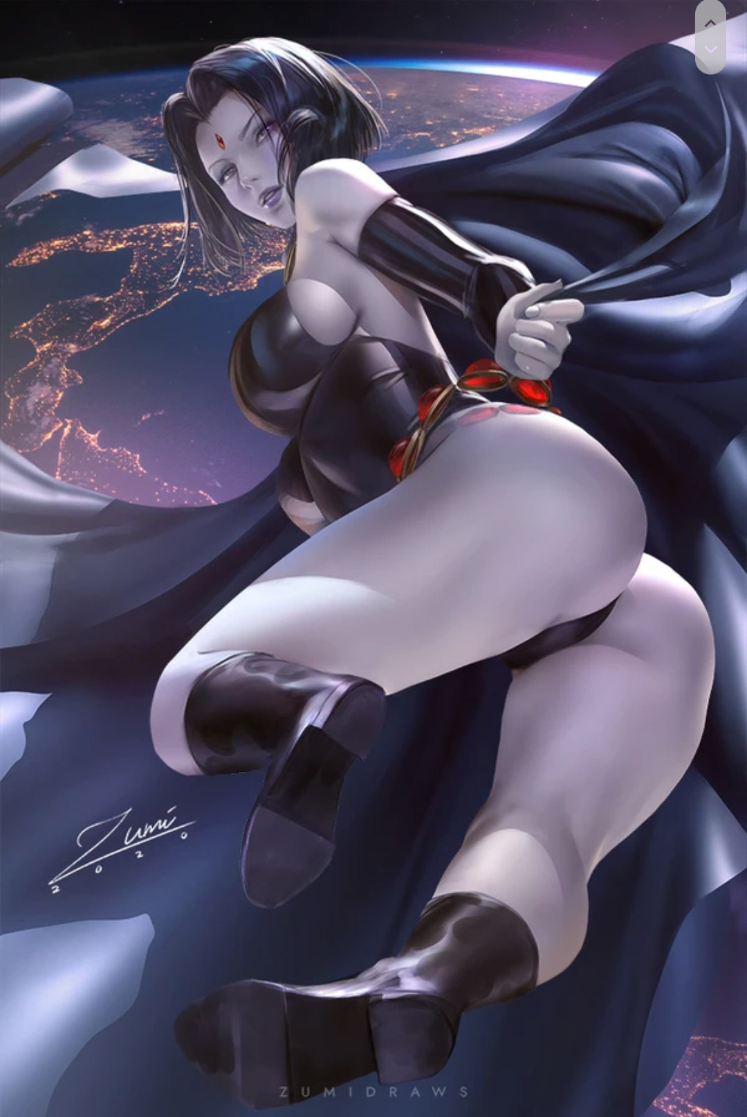 ass, big ass, big breasts, blue hair, boots, breasts, cloak, clothed, dc, dc comics, female, female only, gem on head, half demon, light skin, light-skinned female, pale skin, pale-skinned female, rachel roth, raven (dc), short hair, smooth skin, solo, solo female, solo focus, superheroine, teen titans, thick thighs, zumi