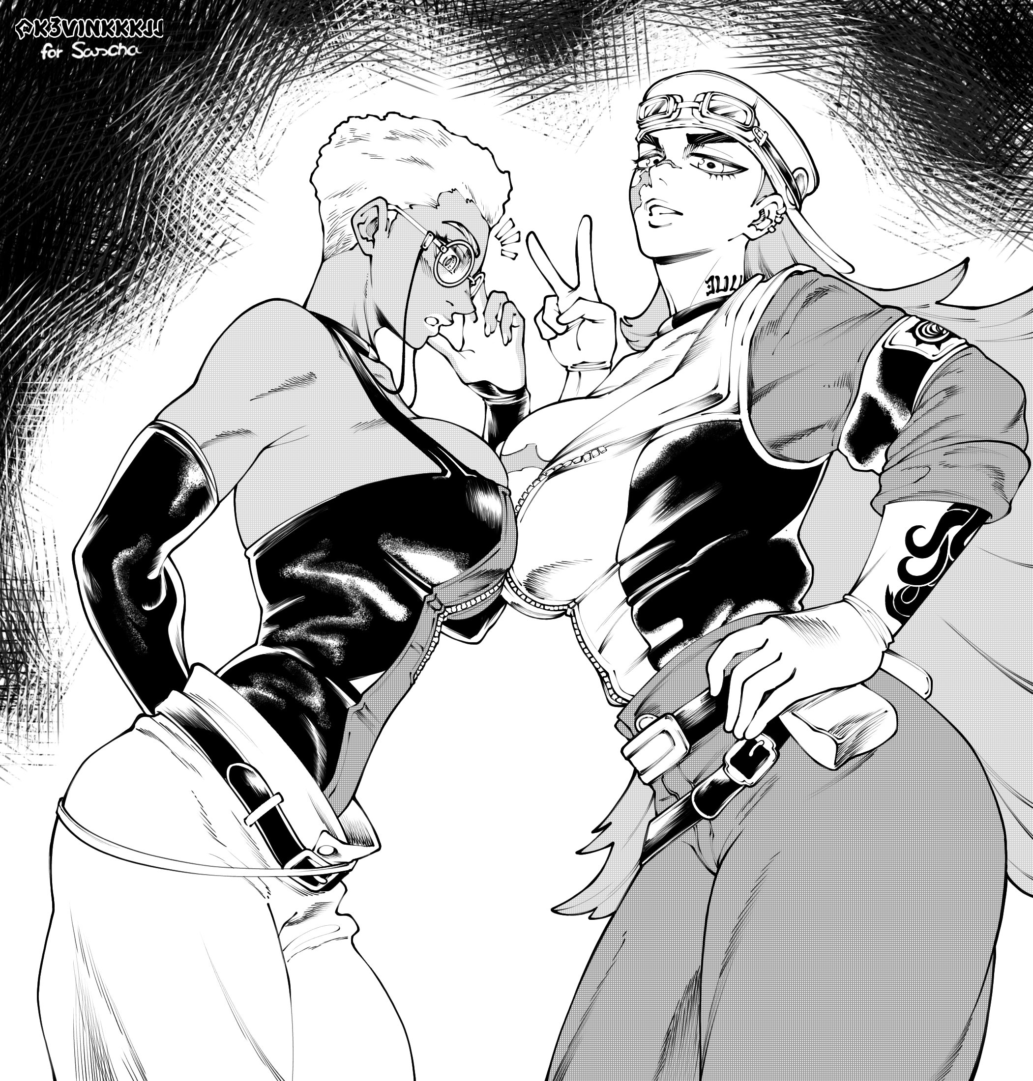 2girls, big breasts, breasts pressed against another, clothed, clothing, dark skin, dark-skinned female, gachiakuta, hand on hip, looking at viewer, mildretta, no bra, peace sign, semiu grier, solo female