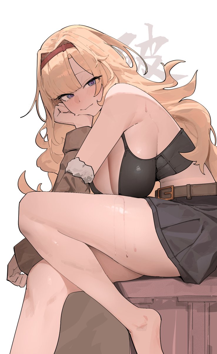 1girls, 2d, 2d (artwork), azz0422, bare shoulders, barefoot, belt, big breasts, black bra, blonde hair, blue eyes, blush, bra, breasts, cleavage, detached sleeves, fully clothed, granblue fantasy, hanging breasts, headband, large breasts, looking at viewer, midriff, pleated skirt, red headband, sideboob, skirt, smiling, solo, sweat, zeta (granblue fantasy)