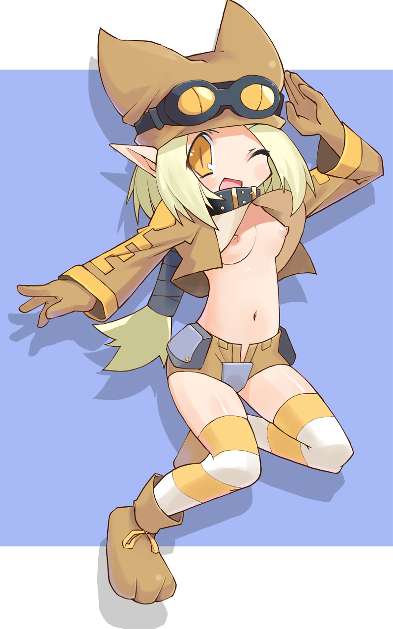 blonde_hair blush breasts collar disgaea disgaea_2 gloves goggles hat highres long_hair long_sleeves nippon_ichi_software open_mouth paws pointy_ears ponytail shirt_lift shorts smile striped striped_legwear striped_thighhighs thief thief_(disgaea) thighhighs tied_hair tsuderou wink yellow_eyes