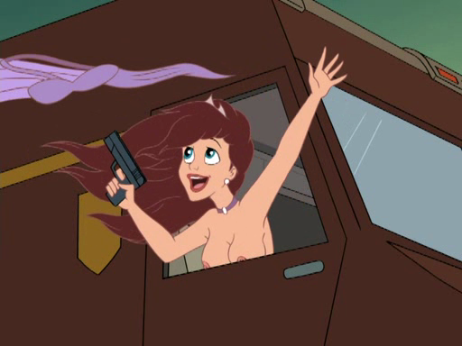 drawn_together exhibitionism female firearm flashing gun handgun human naked naked_female neckwear nude nude_female pale_skin princess_clara removed_clothing screencap screenshot tagme throwing_clothing vehicle weapon