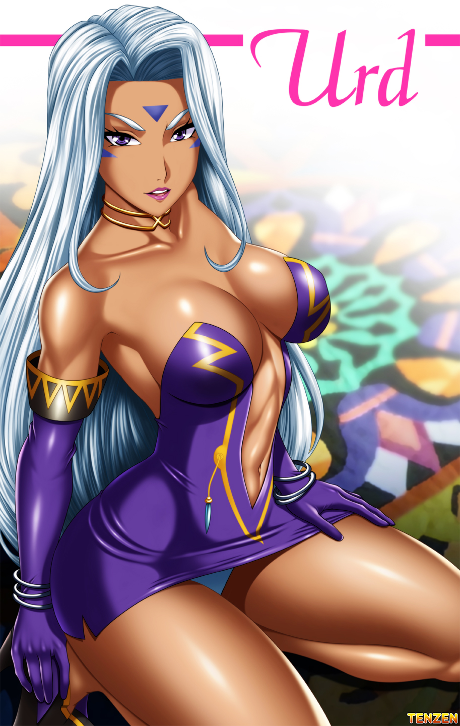 1girls breasts clothing curvy dark-skinned_female dark_skin divine_slut dress female female_only goddess hair kneeling large_breasts long_hair oh_my_goddess! panties purple_eyes solo tenzen thick_thighs thighs urd watermark white_hair wide_hips