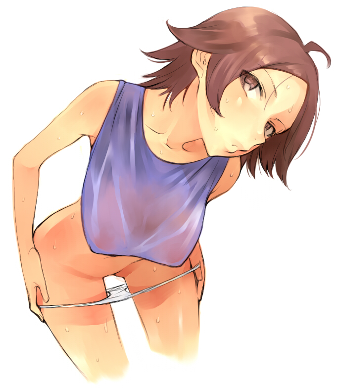 :< ahoge bare_shoulders bent_over brown_eyes brown_hair female female_only heisa human kazama_asuka leaning_forward panties panty_pull see-through short_hair simple_background solo sweat sweat_stain tank_top tekken underwear undressing