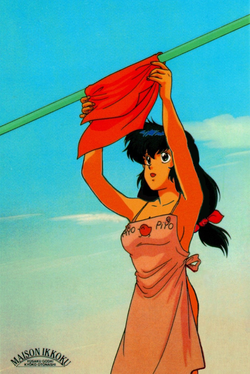 1girls 80s apron apron_only blue_hair breasts edit female female_only human kyoko_otonashi large_breasts light-skinned_female light_skin long_hair maison_ikkoku moriyama_yuji naked_apron official_art solo