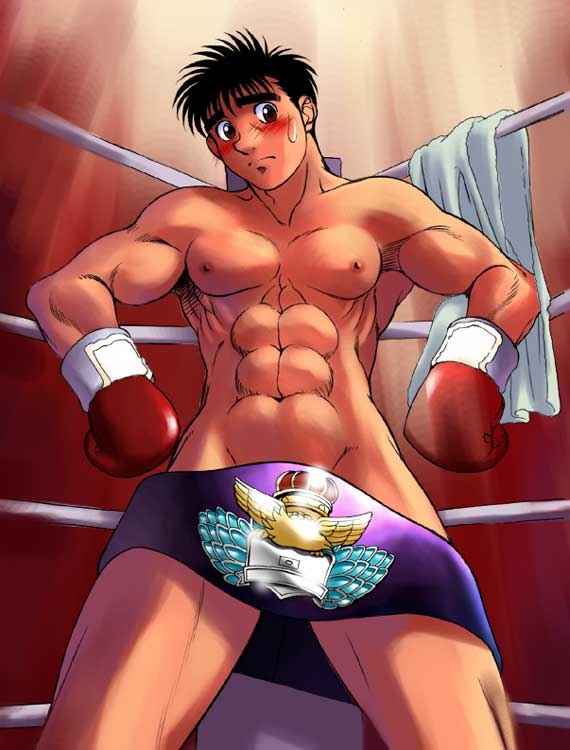 bara blushing_at_viewer boxer boxing boxing_gloves boxing_ring champion championship_belt championship_belt_over_crotch hajime_no_ippo human human_only ippo_makunouchi male male_only muscle solo sweatdrop title_belt towel white_corner