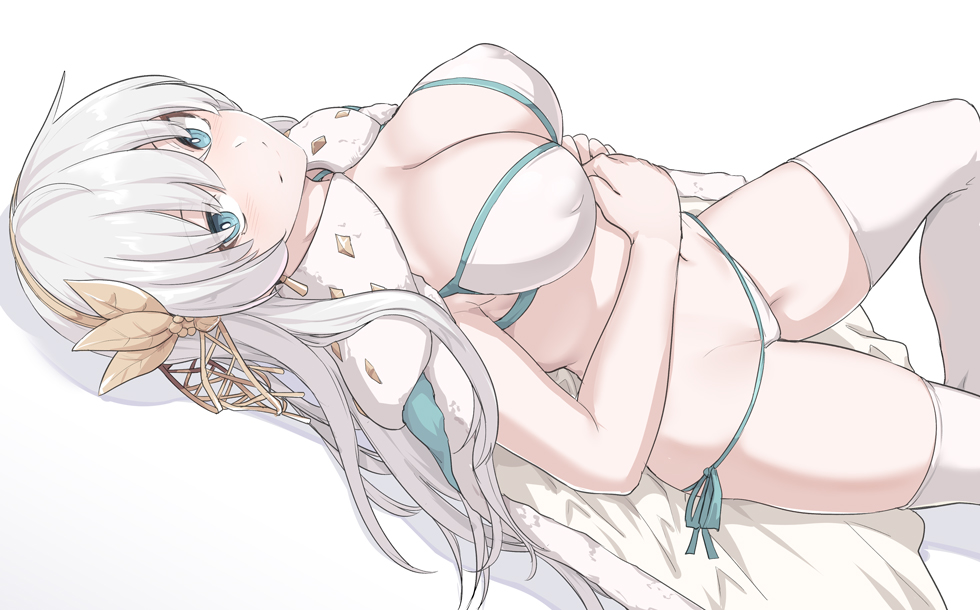 anastasia (fate), bangs, bikini, blue eyes, blue robe, blush, breasts, bright pupils, cleavage, covered nipples, dutch angle, fate (series), fate/grand order, female, fur trim, hair over eyes, hairband, large breasts, long hair, looking at viewer, lying, navel, on back, robe, shiseki hirame, side-tie bikini, silver hair, simple background, smile, swimsuit, thighhighs, thighs, white bikini, white legwear, white pupils