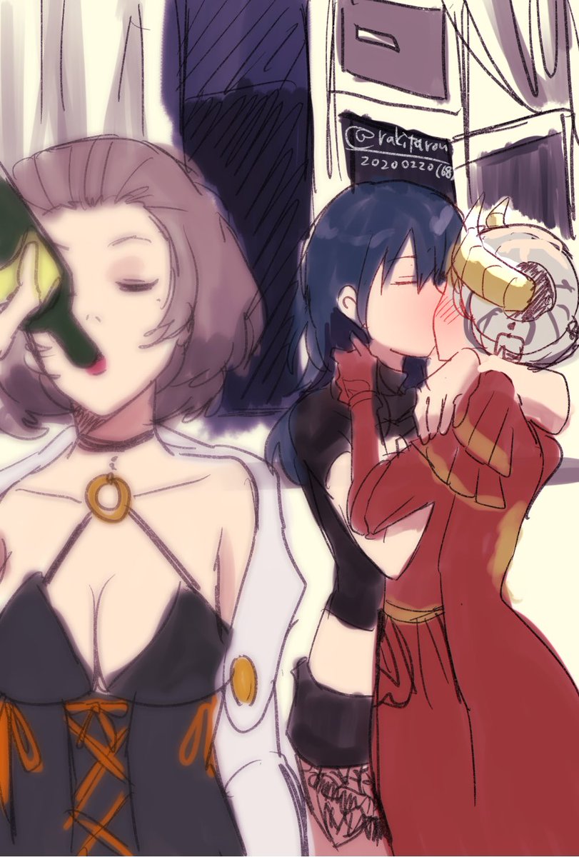 beer_bottle blush byleth_(fire_emblem) byleth_(fire_emblem)_(female) drinking_beer edelgard_von_hresvelg eyes_closed female_only fire_emblem fire_emblem:_three_houses horns kissing making_out manuela_casagranda meme nintendo post-timeskip rakitarou yukiyanagi_raki yuri