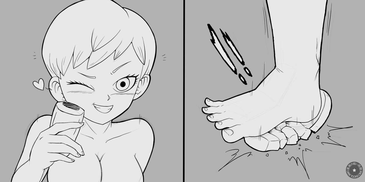 1girls alien alien_girl alternate_breast_size armpits ass barefoot big_breasts breasts cheelai close-up dark_toons_cave dragon_ball dragon_ball_super eye_contact feet female female_only foot_fetish grin heart humanoid large_breasts looking_at_viewer monochrome motion_lines rock short_hair smile solo source_request teeth text topless watermark what white_hair wink