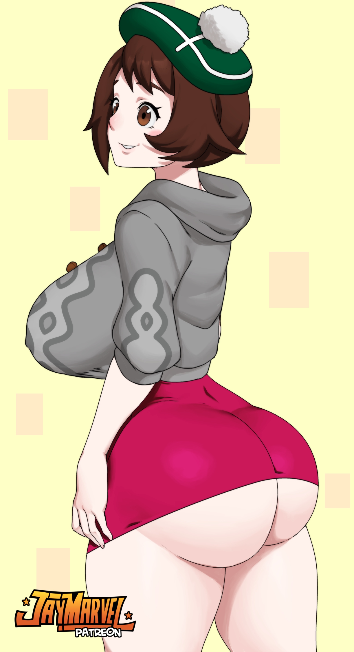 1girls, 2019, alternate breast size, ass, ass hanging out of skirt, barely contained, big ass, big breasts, big butt, blush, breasts, brown eyes, brown hair, busty, clothed, comic, dress, english text, favorite, female, female only, gloria (pokemon), hat, huge ass, huge breasts, huge butt, human, human only, jacket, jay-marvel, nintendo, nipple bulge, pale skin, patreon, pokemon, pokemon ss, smile, solo, text, thick, thick thighs, tight clothing, tight skirt, wardrobe malfunction, watermark, wide hips