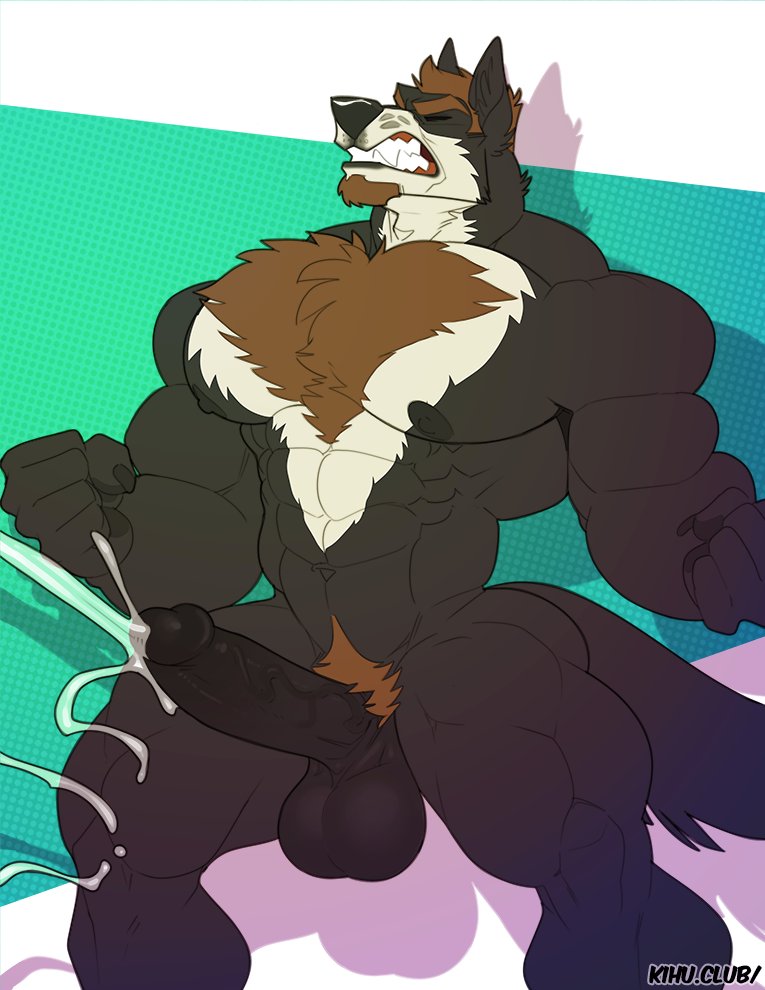 2019, 5 fingers, abs, anthro, balls, beard, biceps, big balls, big muscles, big penis, black body, black claws, black fur, black nipples, black nose, black pawpads, bodily fluids, body hair, brown hair, canid, canine, canis, chest hair, circumcised, claws, closed eyes, cum, cumshot, ejaculation, erection, facial hair, fingers, fur, genital fluids, genitals, growth, hair, hands free cum, happy trail, huge muscles, humanoid genitalia, humanoid penis, kihu, male, male only, mammal, multicolored body, multicolored fur, muscle growth, muscles, muscular, muscular male, nex anima canis, nipples, nude, pawpads, pecs, penis, pubes, quads, simple background, snarling, solo, standing, two-tone body, two-tone fur, vein, veiny penis, white body, white fur, wolf