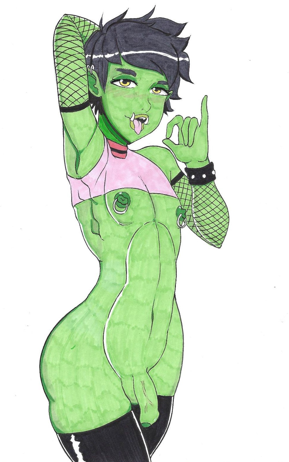 1boy basicweeaboo big_ass dharkan fellatio_gesture femboy male male_only orc orc_femboy pierced_nipples piercings solo tagme