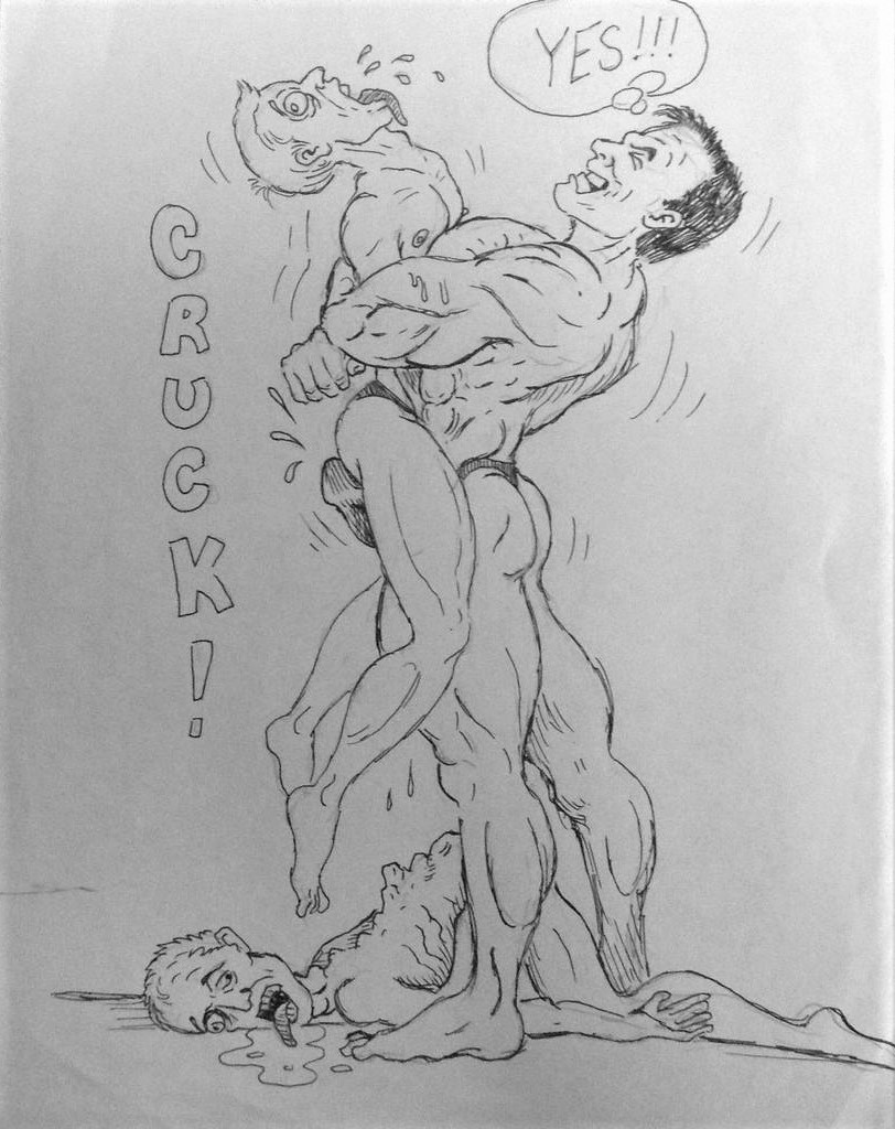 3boys bearhug black_and_white broken_back cracked_spine crushing cumshot death dialogue dom dominator drawing drooling erection_under_clothes gay human human_only kill killing lifted_by_another lifting_person male_death male_domination male_dominatrix male_only maledom monochrome muscle muscles muscular muscular_male on_ground onomatopoeia paper pencil_(artwork) penis penis_out skullcrush slave spine_snapping stand_and_carry_position thong tongue tongue_out turning_gay underwear white_background yaoi yes