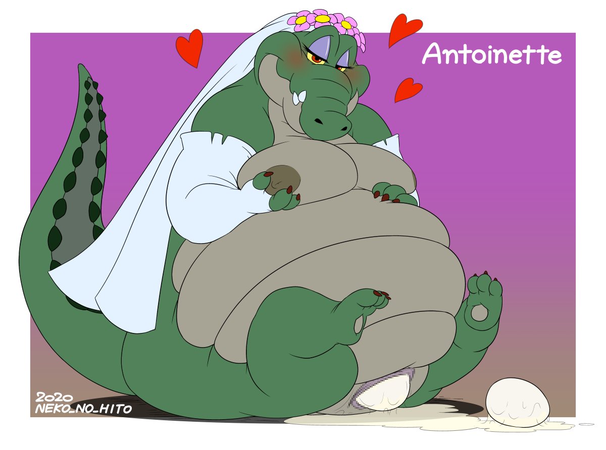 2020 alligator alligatorid antoinette_(quack_pack) blush bodily_fluids breasts bride censored crocodilian egg egg_laying female genital_fluids genitals heart neko_no_hito nipples overweight overweight_female pussy pussy_juice quack_pack reptile scalie solo wedding_veil