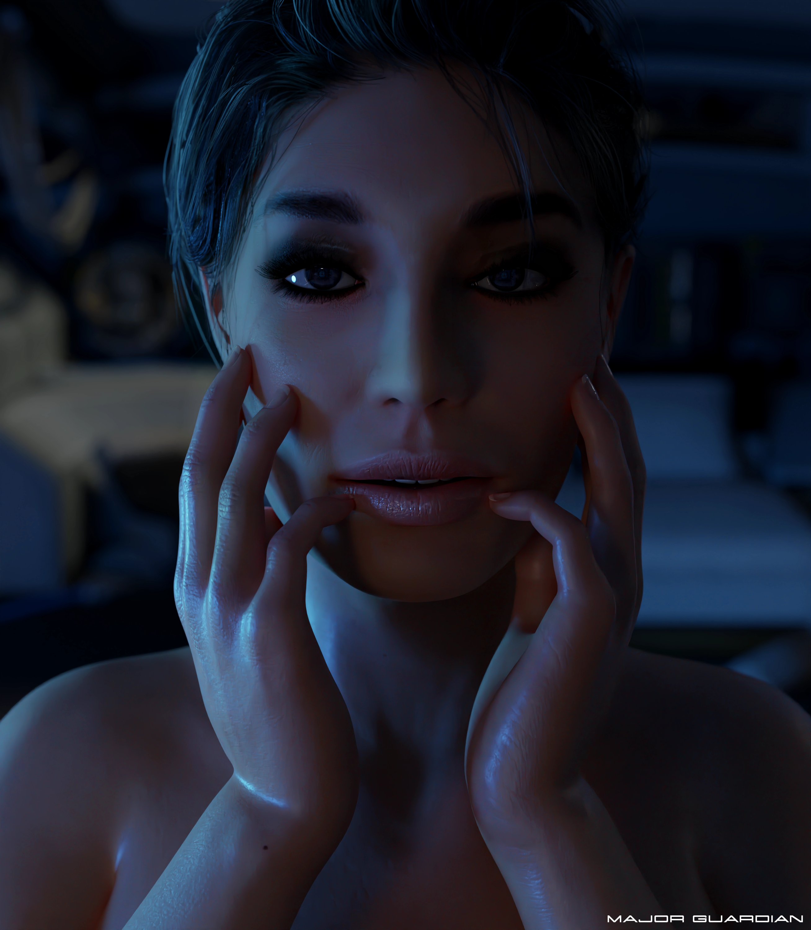 1girls, 2020, 3d, ashley williams, bioware, black hair, blender, close-up, dark room, dim lighting, face focus, female, female only, hands on face, human, looking at viewer, major guardian, mascara, mass effect, nude, parted lips, sci-fi, science fiction, scifi, solo, solo female, thick eyebrows, tied hair