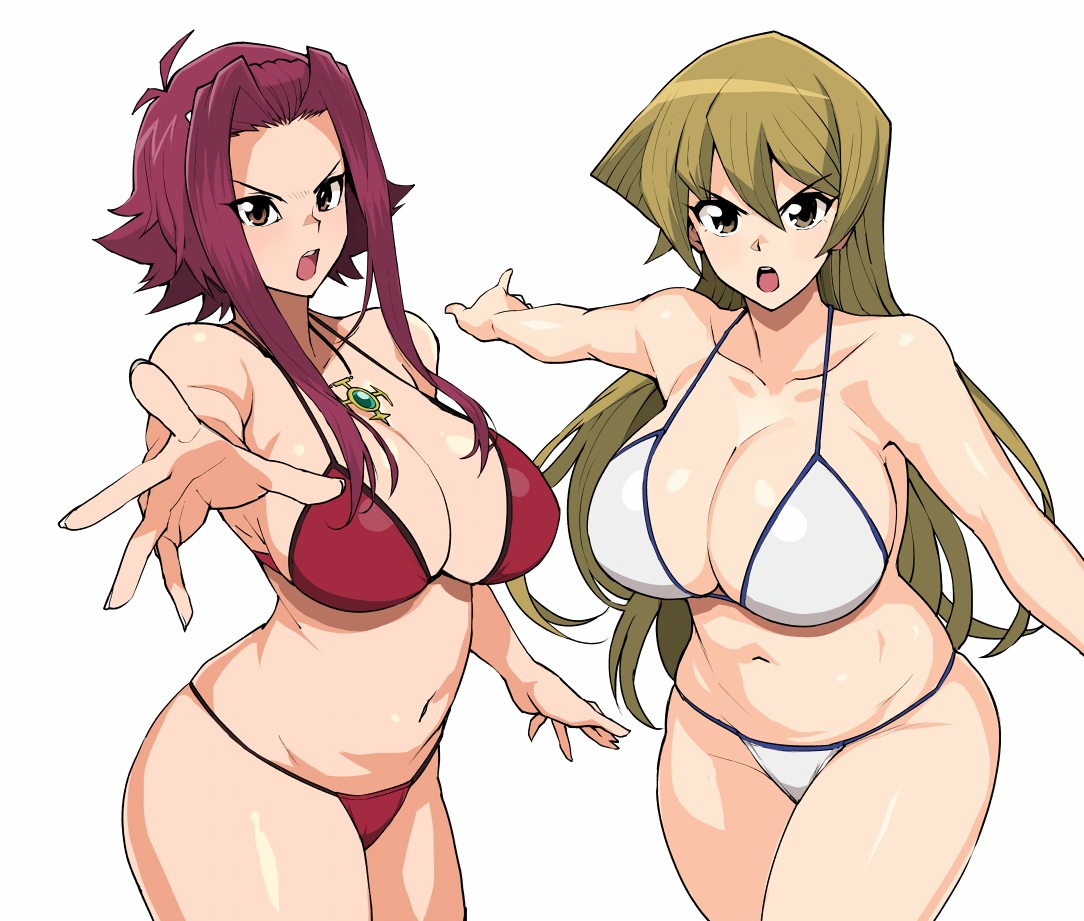 akiza izinski, alexis rhodes, angry, big breasts, bikini, blonde hair, breasts, busty, cleavage, curvy, female, female only, hair ornament, izayoi aki, long hair, necklace, posing, red bikini, red hair, shiny skin, tamagoro, tamagoroo, tamagoroo (funifuni labo), thick legs, thick thighs, voluptuous, white background, white bikini, yu-gi-oh!, yu-gi-oh! 5d's, yu-gi-oh! gx