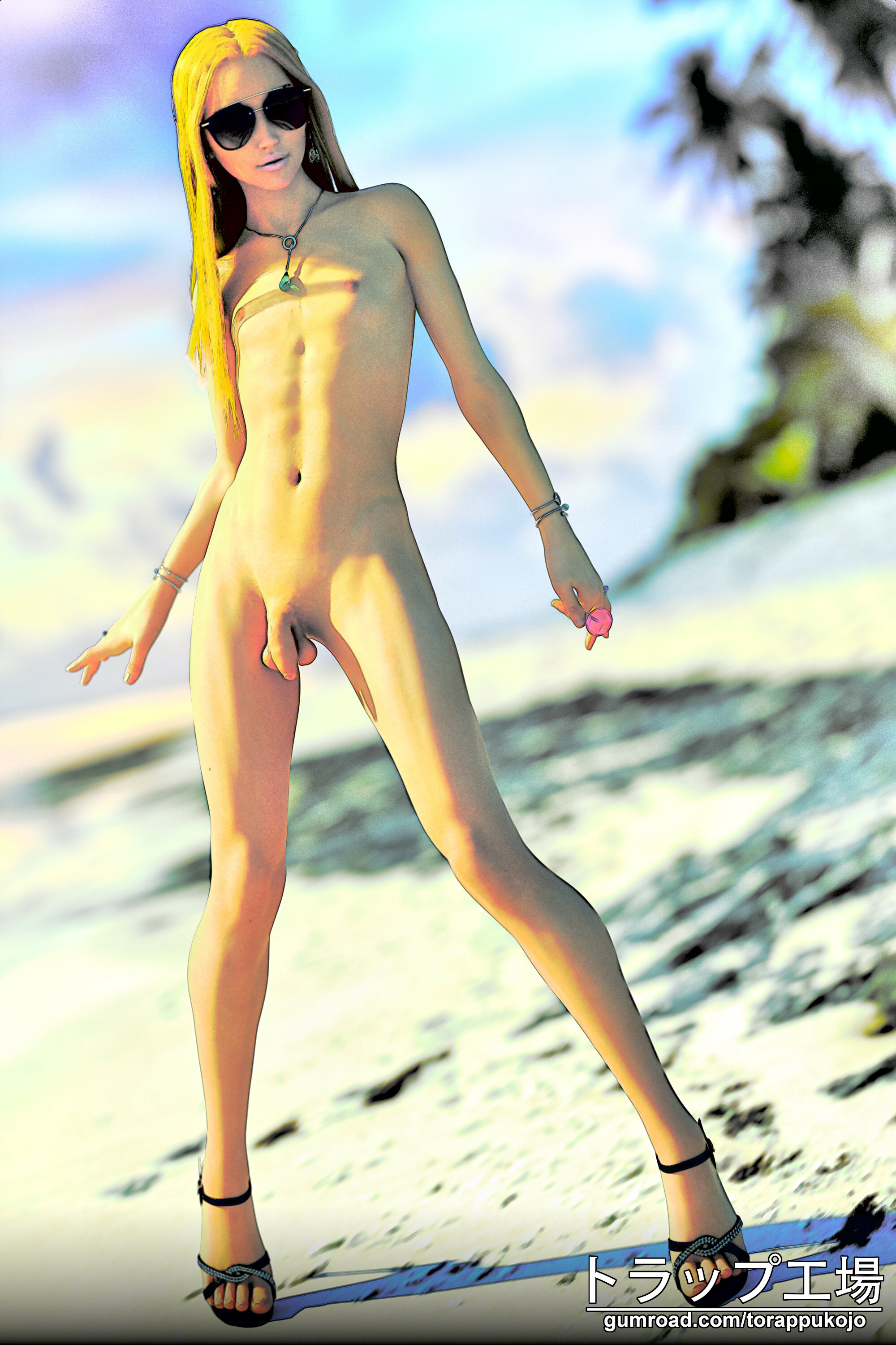 1boy, 1femboy, 3d, androgynous, areolae, balls, beach, blonde hair, femboy, feminine male, foreskin, girly, heels, high heels, jewelry, light skin, light-skinned femboy, light-skinned male, long hair, male, male only, nude, nude femboy, nude male, otokonoko, penis, small penis, solo, solo femboy, solo male, standing, sunglasses, tagme, tinted eyewear, torappukojo, trap, uncircumcised