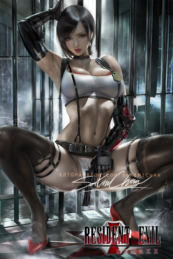 1girls, ada wong, ada wong (adriana), big breasts, breasts, cleavage, cosplay, female, female only, final fantasy, final fantasy vii, gun, hand behind head, looking at viewer, pinup, resident evil, resident evil 2, sakimichan, solo, spread legs, thighhighs, tifa lockhart, tifa lockhart (cosplay), wet