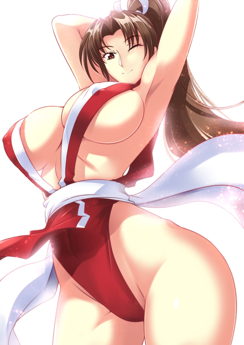 1girls arm_over_head armpits arms_up big_breasts breasts brown_eyes brown_hair closed_mouth closed_smile clothed clothed_female erect_nipples erect_nipples_under_clothes eyebrows_visible_through_hair fatal_fury female female_only haganef king_of_fighters light-skinned_female light_skin mai_shiranui one_eye_closed ponytail sideboob simple_background slim_waist smile snk solo solo_female tagme white_background