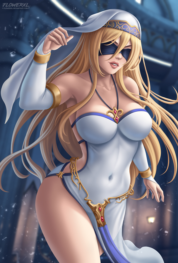 1girls, big breasts, breasts, cleavage, female, female only, flowerxl, goblin slayer, large breasts, solo, sword maiden (goblin slayer), thighhighs
